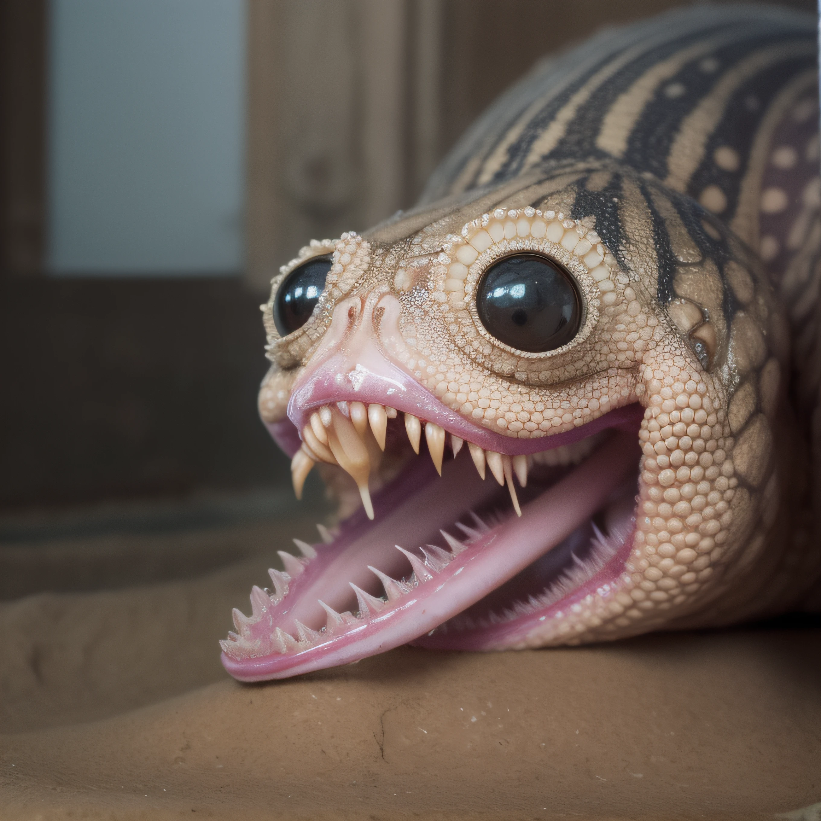 (extremadamente detallado, obra maestra, La mejor calidad), Estilo oscuro, intense illumination, rostro con arrugas, lengua larga, tentacle, deforme, monstruoso, interior de una piscina de agua verdosa, imagen submarina, alien con Colmillos finos, pico de pulpo amenazante. manchas de tinta. Rococo composition. Luz de caravaggio
