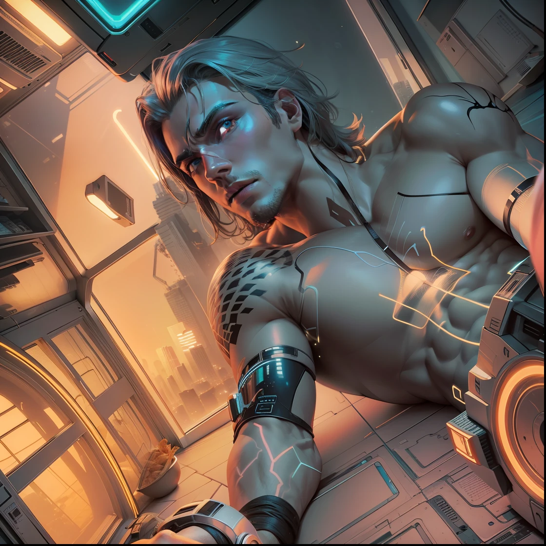 homem sem camisa, Lying on the floor with neon lighting and background window showing futuristic city