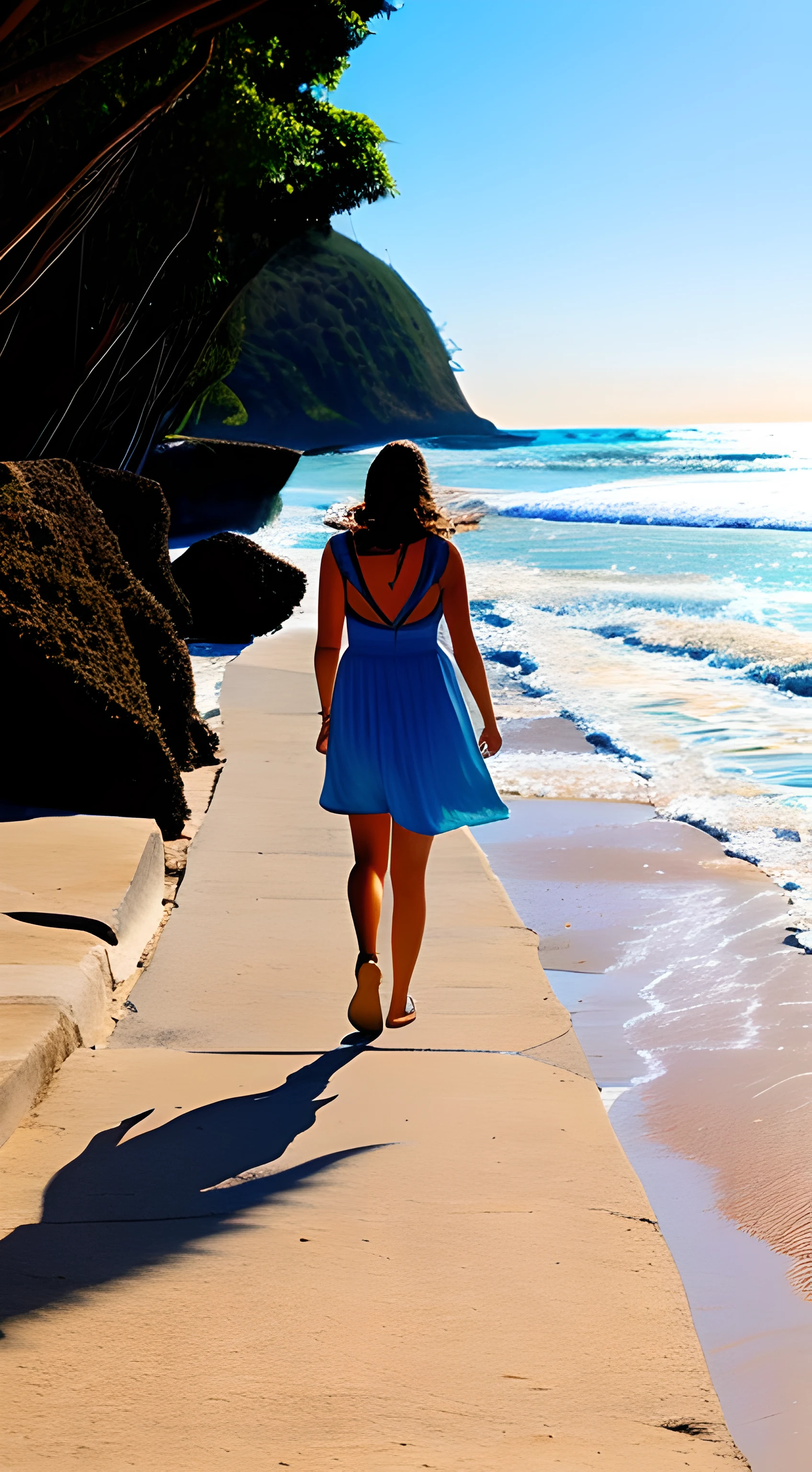 Woman standing on a sidewalk, no fundo uma praia bonita. Mar com ondas, dia ensolarado --auto