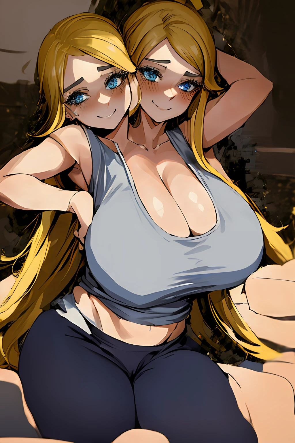 2heads, a short chubby woman with 2 heads. She has enormous breasts. She is inside a living room. She is wearing a tight colorful tank top and leggings. She has gigantic breasts. She has long blonde hair. She is sweating. She looks exhausted. She is smiling. She is blushing. She has enormous breasts. Her breasts are very circular and round.