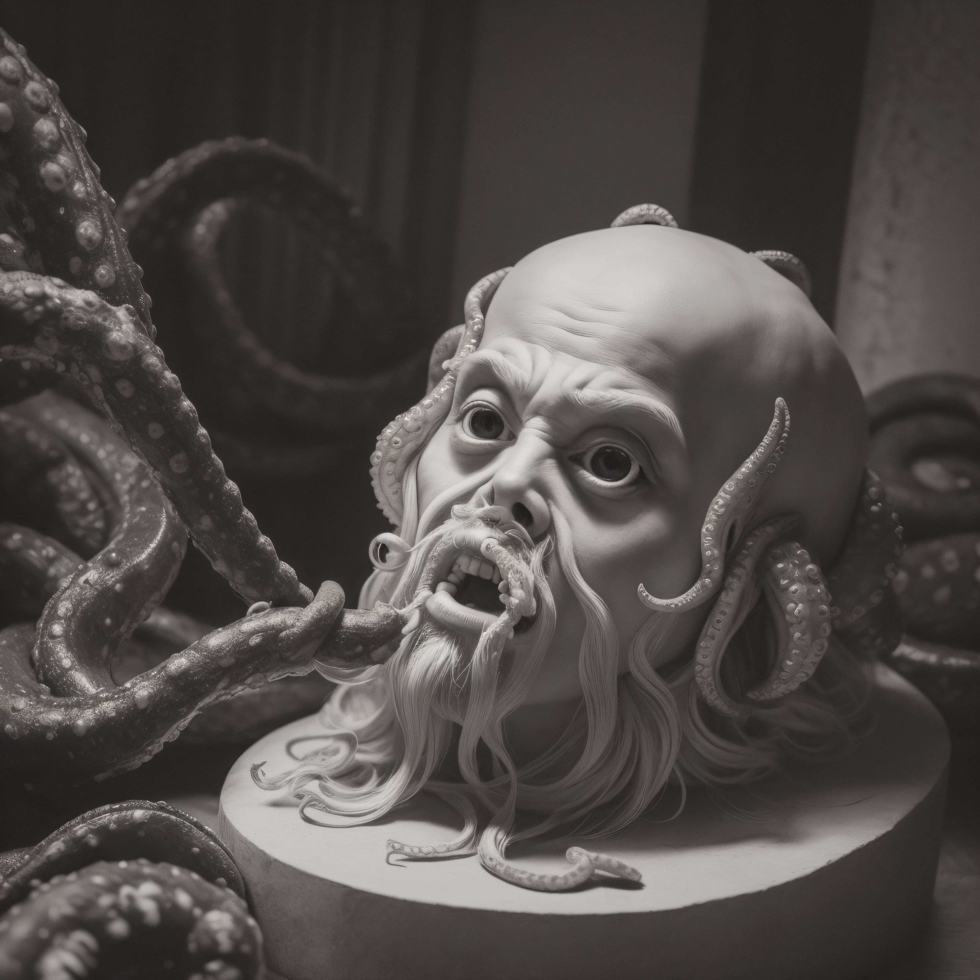 (extremadamente detallado, obra maestra, La mejor calidad), Estilo oscuro, intense illumination, rostro con arrugas, lengua larga, tentacle, deforme, monstruoso, interior de una piscina de agua verdosa, imagen submarina, alien con Colmillos finos, pico de pulpo amenazante. manchas de tinta. Rococo composition. Luz de caravaggio