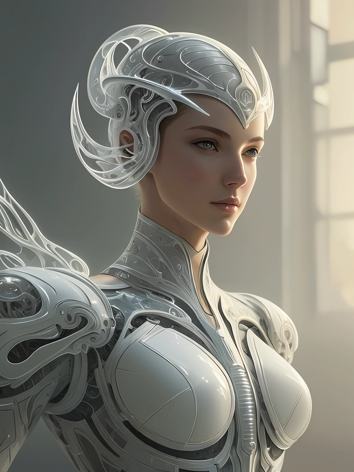 organic cyborg, white plastic, diffuse lighting, fantasy, intricate, elegant, highly detailed, lifelike, photorealistic, digital painting, artstation, illustration, concept art, smooth, sharp focus, art by John Collier and Albert Aublet and Krenz Cushart and Artem Demura