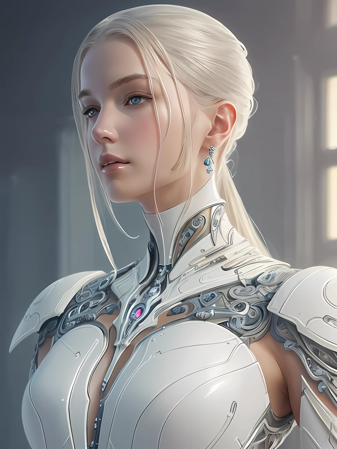 organic cyborg, white plastic, diffuse lighting, fantasy, intricate, elegant, highly detailed, lifelike, photorealistic, digital painting, artstation, illustration, concept art, smooth, sharp focus, art by John Collier and Albert Aublet and Krenz Cushart and Artem Demura