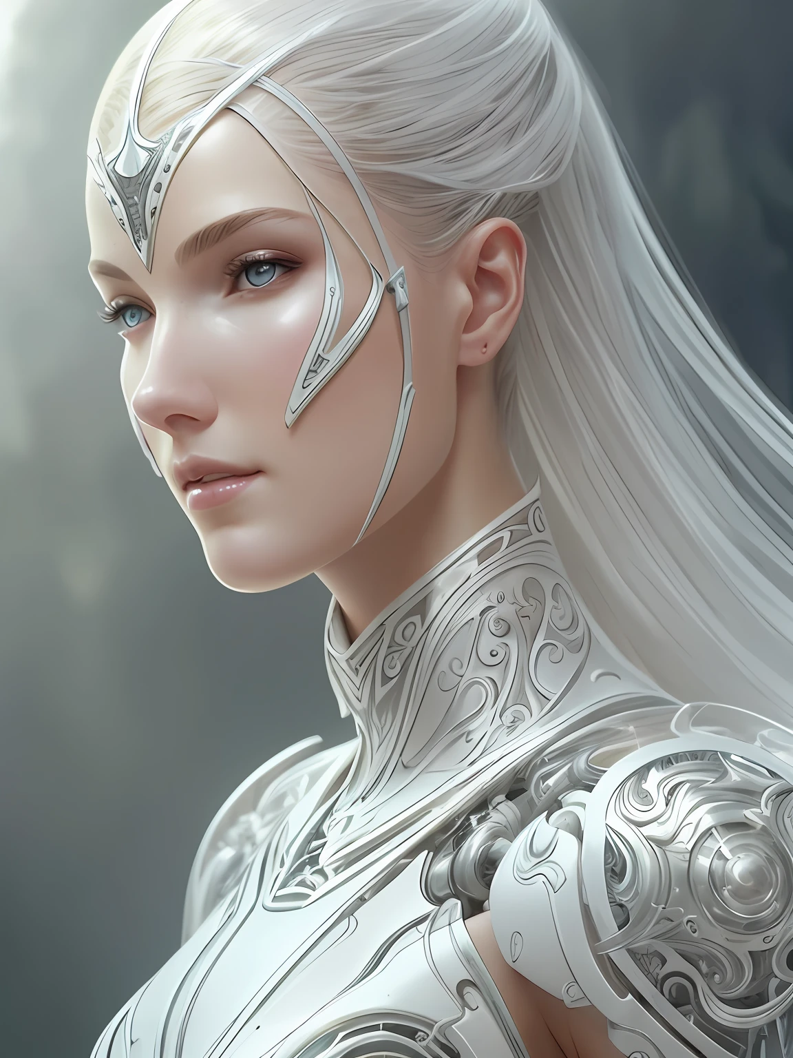 organic cyborg, white plastic, diffuse lighting, fantasy, intricate, elegant, highly detailed, lifelike, photorealistic, digital painting, artstation, illustration, concept art, smooth, sharp focus, art by John Collier and Albert Aublet and Krenz Cushart and Artem Demura