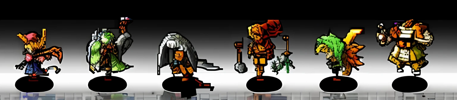 a close up of a group of different colored statues on a black background, chrono trigger guilty gear style, final fantasy tactics character, chrono trigger, 2 d sprites, made in rpg maker, sprite art, metal slug concept art, medium shot of two characters, sprites, with familiar sprites, final fantasy tactics, 2 d sprite, concept pixelart