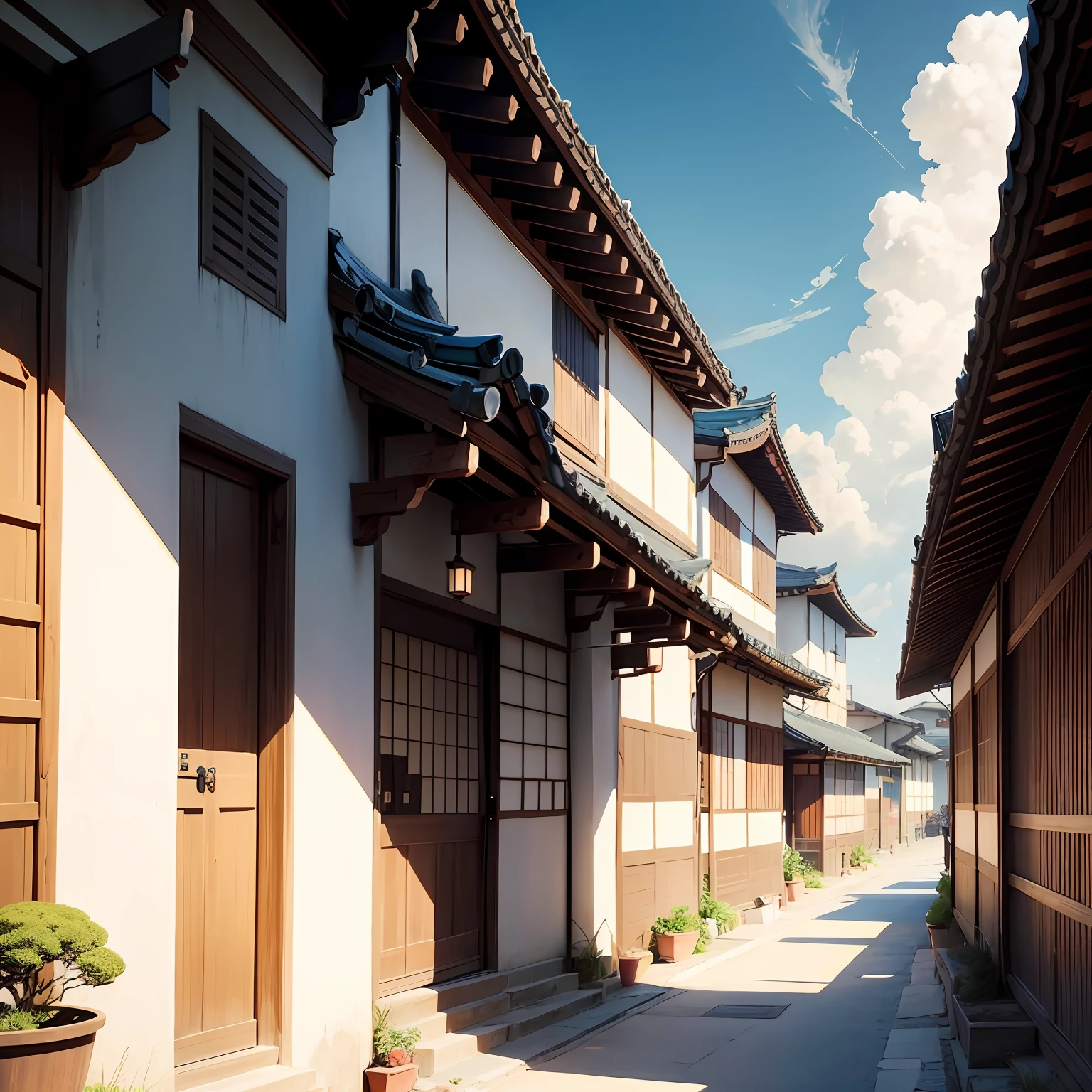 Pitoresca,traditional japanese, escola Kim Ji-eun,allure,traditional skyscrapers,with blue sky and white clouds