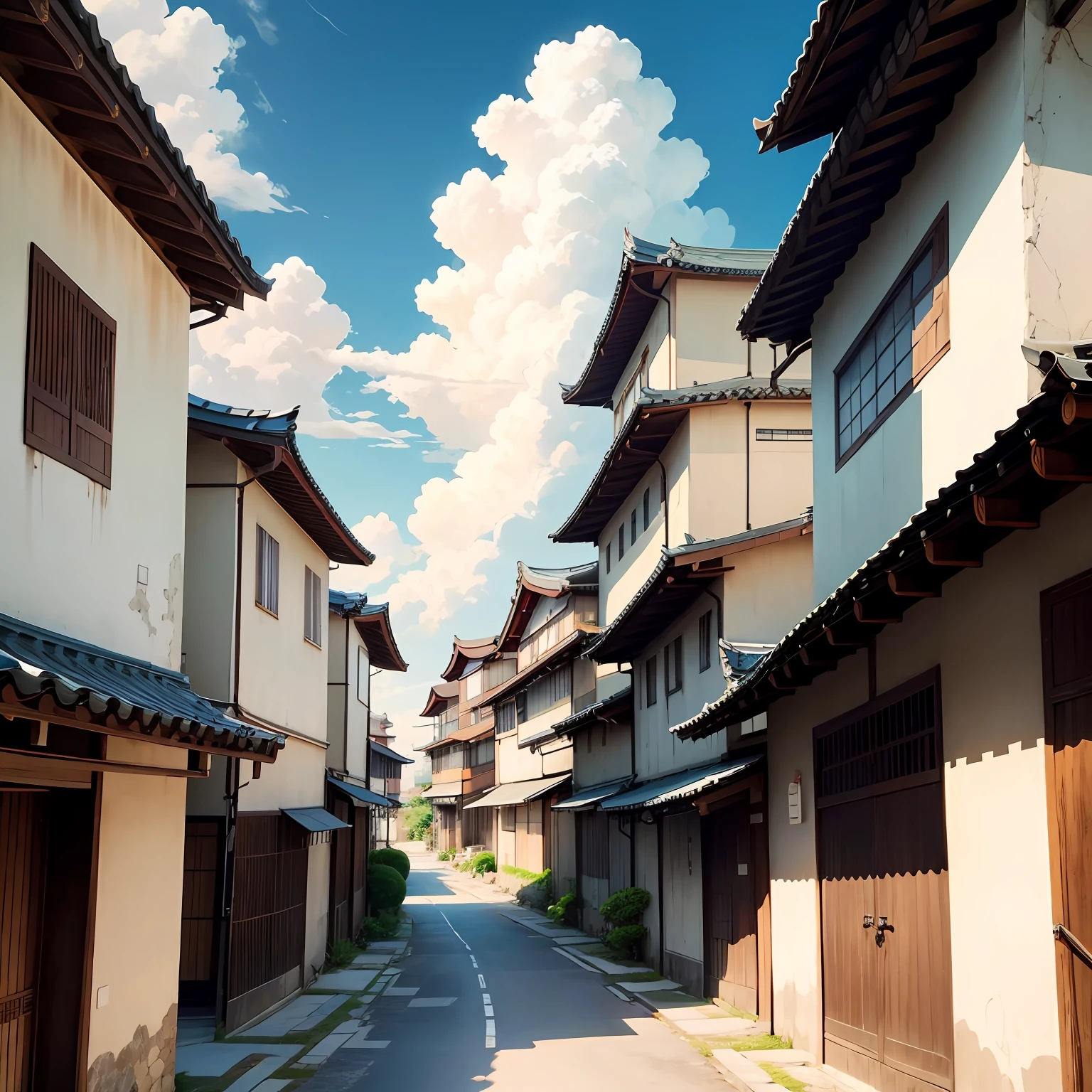 Pitoresca,traditional japanese, escola Kim Ji-eun,allure,traditional skyscrapers,with blue sky and white clouds