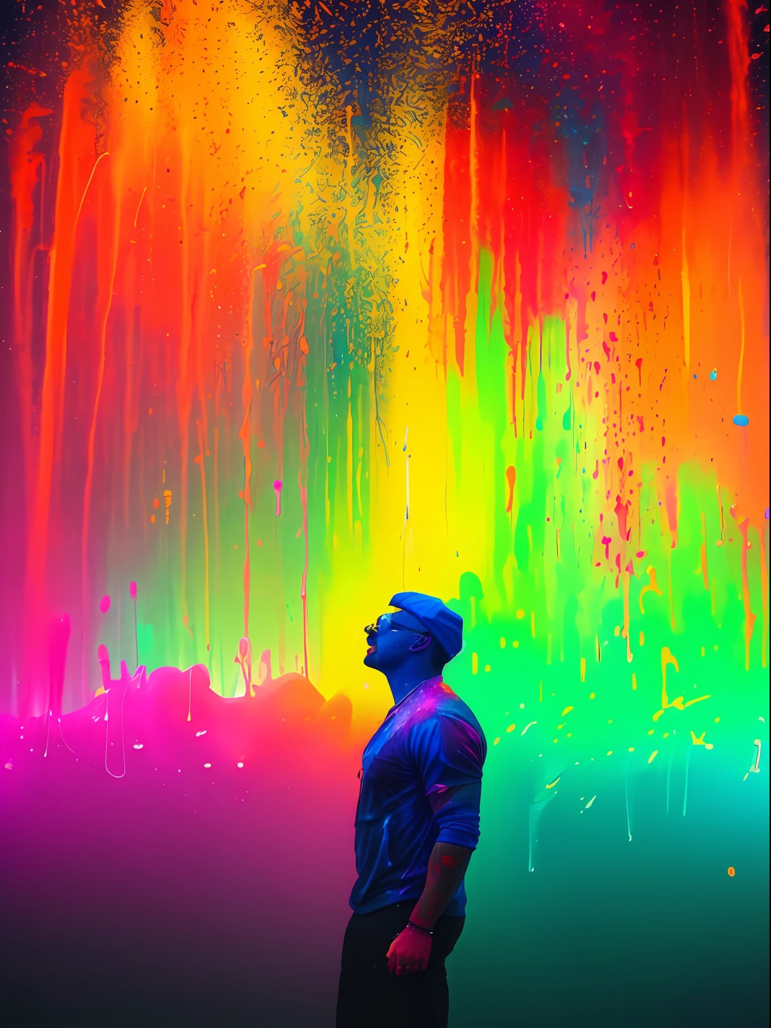Brightly colored fountain with a man, standing in front of him, dripping with neon paint, dripping with color, Philosophical splashes of colors, Colorful cinematography, A drop of neon paint, neon rainbow drip paint, Bright painting with neon ink, Colorful aura, Inverted neon rainbow drip paint, Colorful mood, Neon color bleeds, colorful digital painting, Colorful photo, Colorful 8K, colorful art