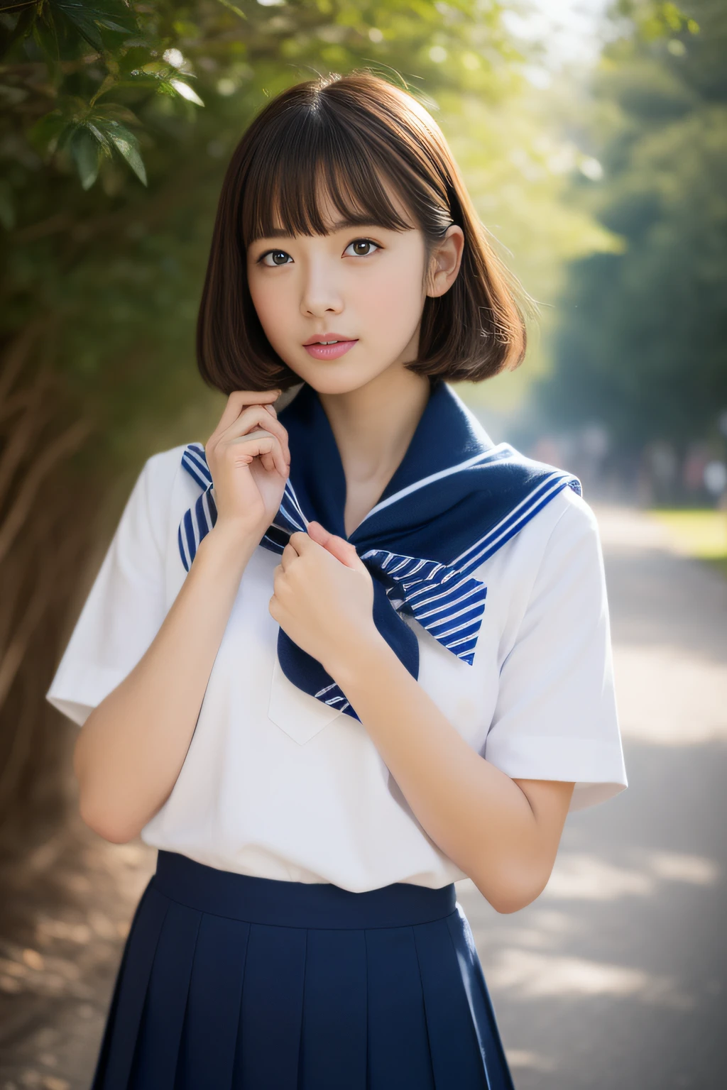 (masterpiece,top-quality,超A high resolution),A Japanese Lady,Beginner Girl、Perfect limbs、perfect anatomia、kawaii、a sailor suit、red scarf、Navy blue skirt、pure white、Beautiful skin、Moist eyes、Brown glittery hair、Colors and scenery of youth、Premonition of love、huge tit、embarrassed from、schools、