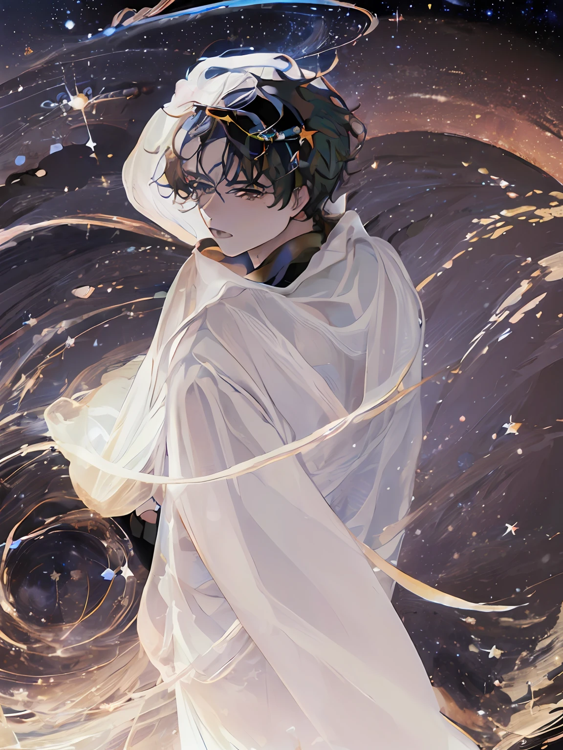 (highres:1.5), highly detailed, (solo:1.5),(masterpiece:1.5),(best quality:1.5), Amazing, extremely detailed wallpaper, an extremely delicate and beautiful, 1 boy, handsome, ((high resolution illustration)), sacred, {master}, (short hair), (black hair, dark hair),((Clear eyes)), visible through hair,((black eyes, round eyes)), bangs, (watercolor:0.7), (bright stars, the universe, cosmos, star surround character, outer space, Saturn ring:1.5), tyndall effect, a slight light, raytracing,