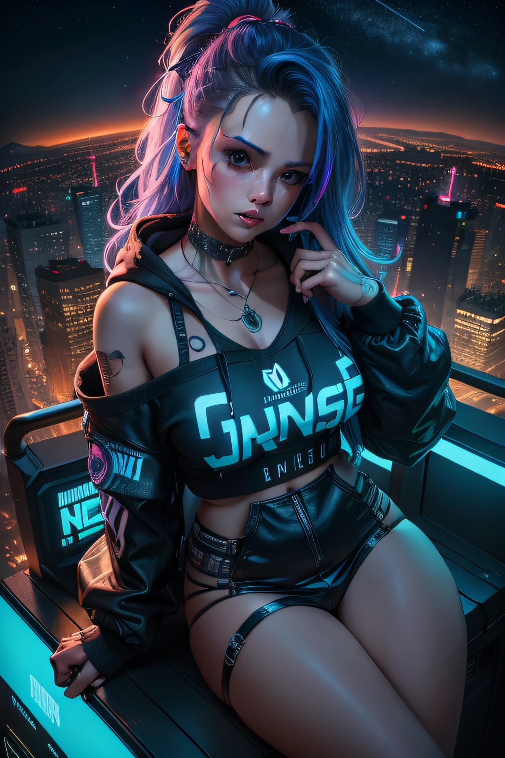 (masterpiece), best quality, ultra high res,  girl, cyberpunk 1girl flying above stunning cityscape , hoodie,blue hair, neon color shooting stars, very long hair, off the shoulder, feather hair ornament, neon colors, flashes, stunning night sky, cinematic lighting, photorealistic, realistic skin, HDR, fisheye