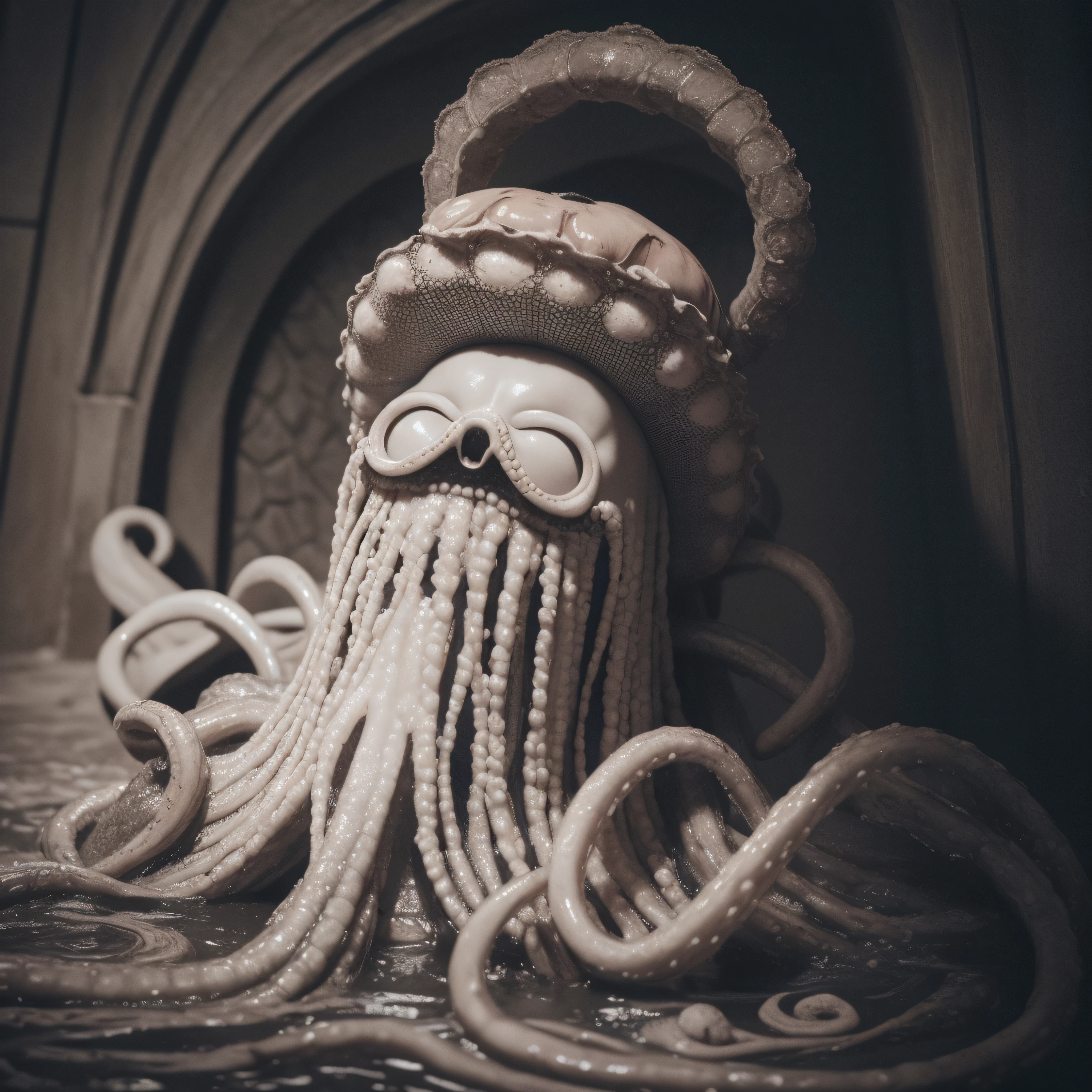 (extremadamente detallado, obra maestra, La mejor calidad), Estilo oscuro, intense illumination, rostro con arrugas, lengua larga, tentacle, deforme, monstruoso, interior de una piscina de agua verdosa, imagen submarina, alien con Colmillos finos, pico de pulpo amenazante. manchas de tinta. Rococo composition. Luz de caravaggio