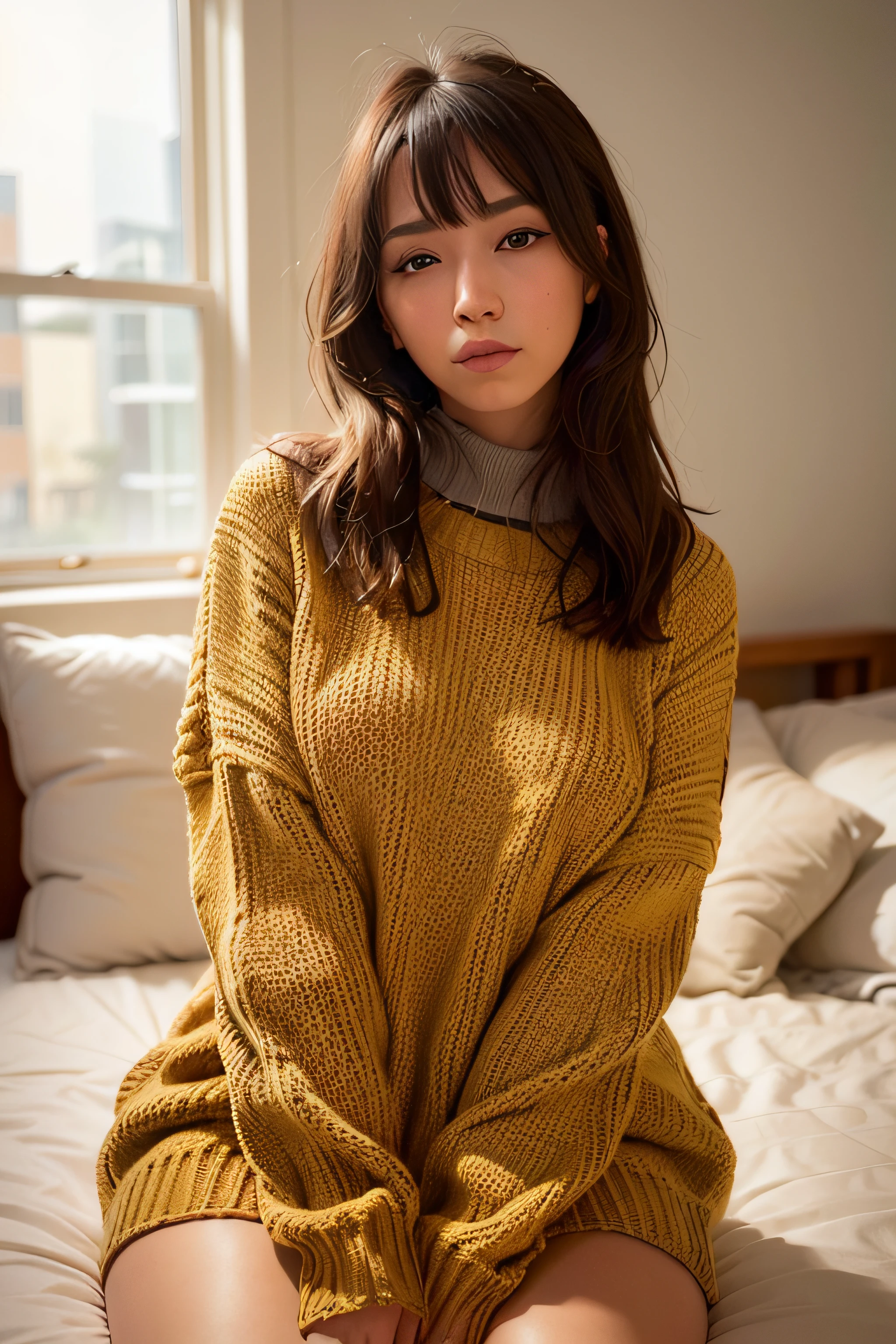 (oversized_sweater:1.3), colorful oversized_sweater,
good hand,4k, high-res, masterpiece, best quality, head:1.3,((Hasselblad photography)), sharp focus, (cinematic lighting), night, soft lighting, dynamic angle, [:(detailed face:1.2):0.2],(((sitting on a bed))), outside,