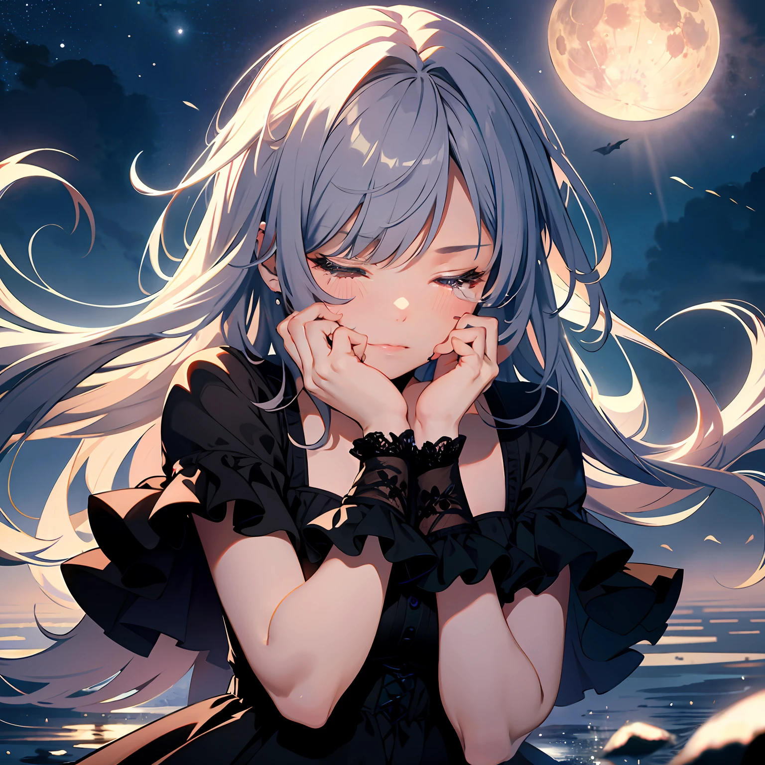 Outrageous resolution、hight resolution、(masterpiece:1.4)、ultra-detailliert、1girl in、is crying、Crying、Tears run down my cheeks、farewell、Lonely face、Face up、Big moon in the background、Floating hair、spaces、floating、 --v 6