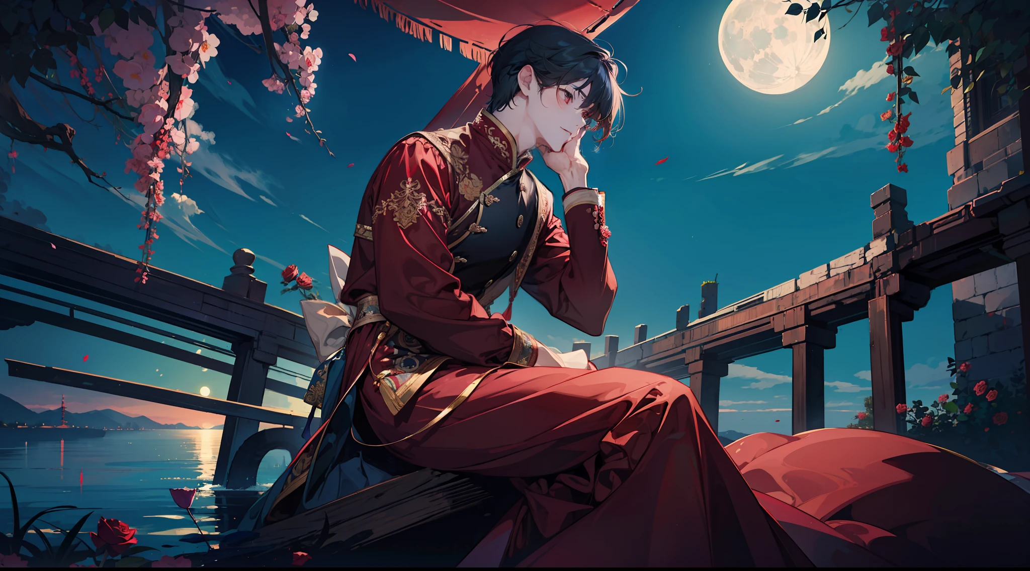 A beautiful man wearing a rose-like red blouse under a big blue full moon、Sitting on the shore while gazing blankly at the lake and waiting for your lover