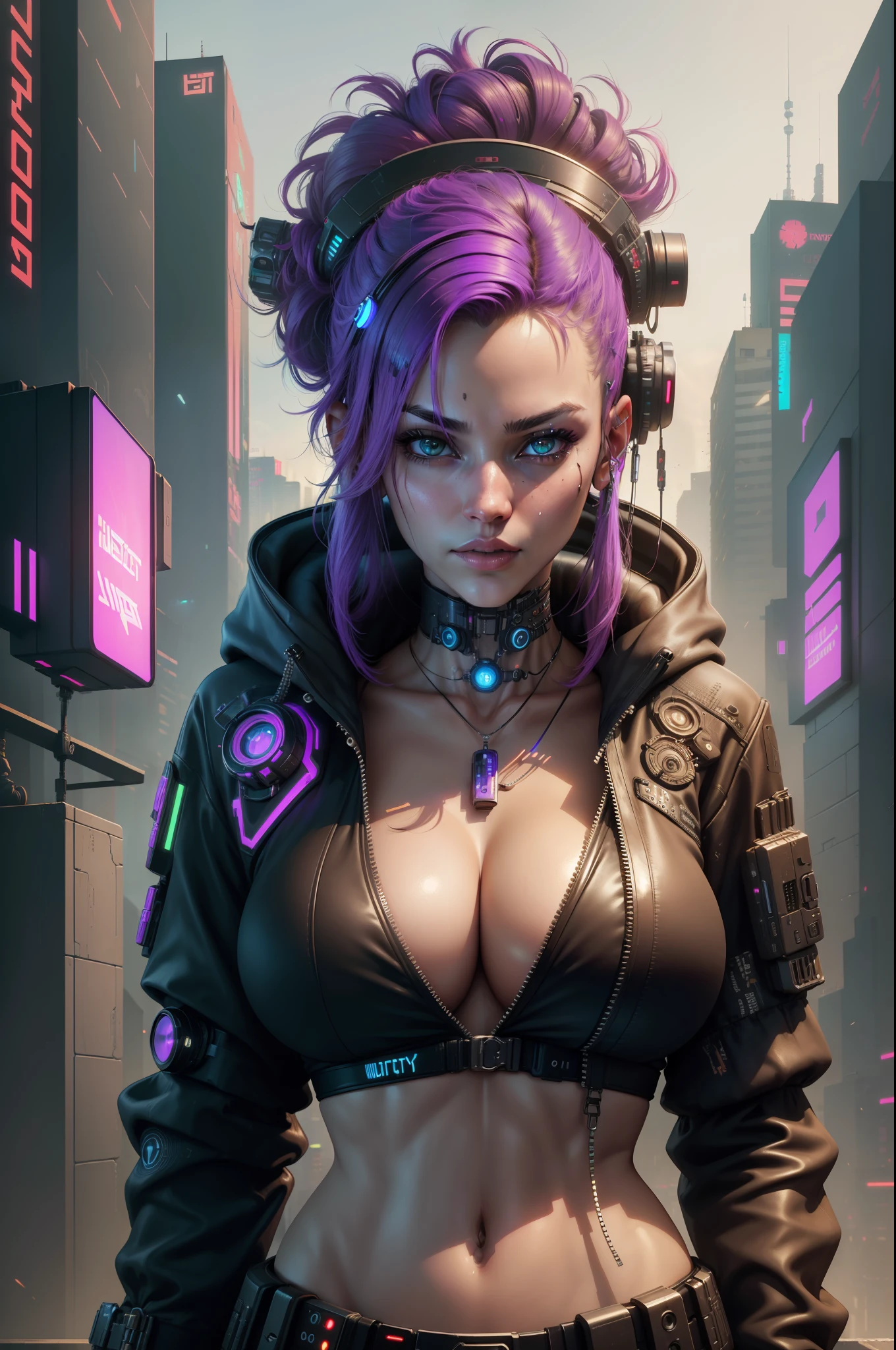 ((Best quality)), ((masterpiece)), (highly detailed:1.3), 3D, beautiful (cyberpunk:1.3) hacker woman with thick voluminous boobs looking at the camera