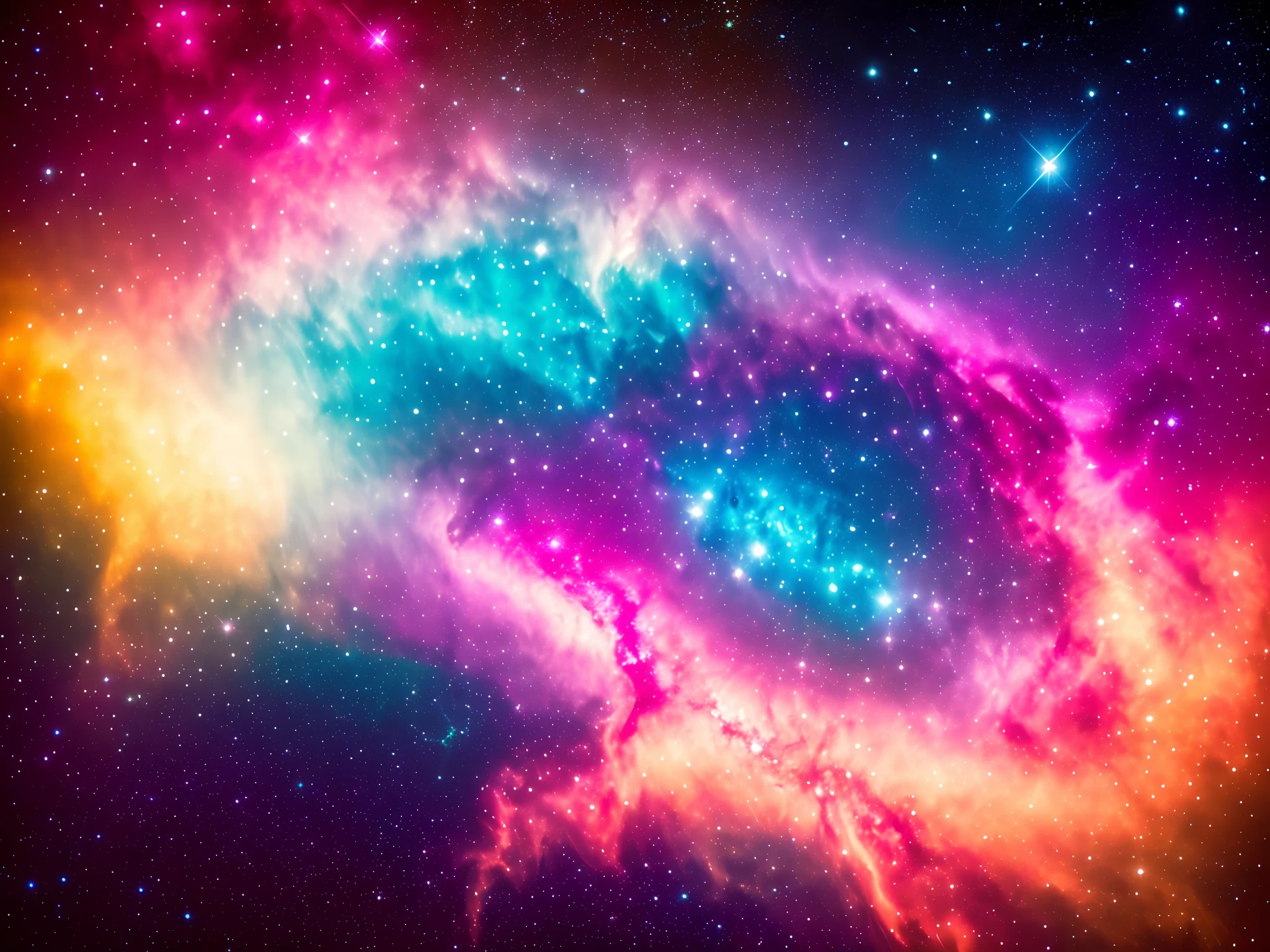 swpunk, synthwave, splatters de tinta, (papel de parede 8k extremamente detalhado), an intergalactic nebula on a colorful background of stars, ray tracing, Intricate, High Detail, dramatic, obra-prima de melhor qualidade, fotorrealista, detalhado, 8k, HDR, retroiluminação, bloom, brilhos de luz, chromatic aberration, foco nítido, bordas escuras para colocar texto