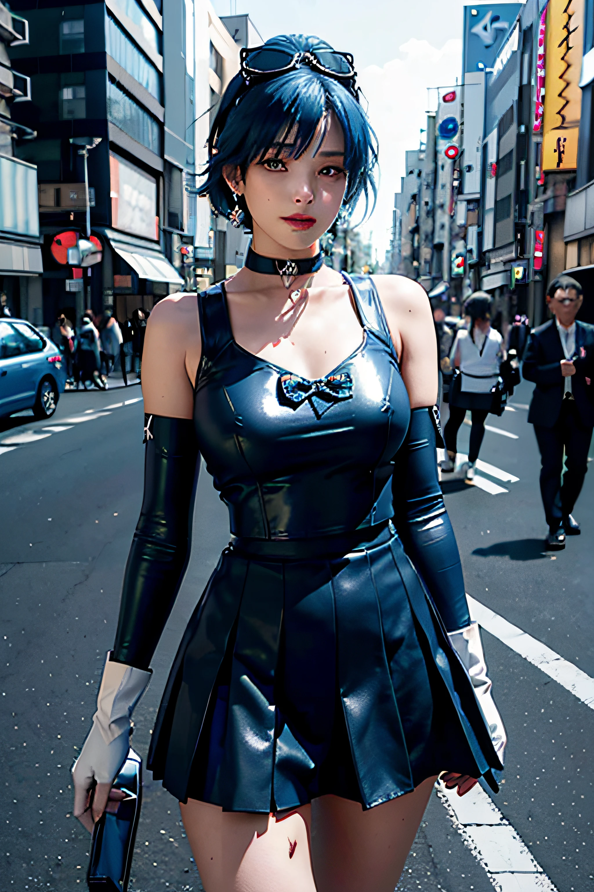 1girl,happy,smirk,Tokyo street,cityscape,city lights,dynamic angle,(full body:0.7),close-up,8k,RAW photo,best quality,masterpiece,realistic,photo-realistic,large breasts,gloves,lips,solo,sailor mercury,blue eyes,smuniform,mer1,tiara,sailor senshi uniform,masterpiece,absurdres,sexy,floating short blue hair,blue sailor collar,bow,choker,white gloves,blue choker,elbow gloves,jewelry,earrings,blue skirt,sole,full body,blue hair,octane rendering,dynamic angle,Ami Mishino,Exquisite face,Modern Building,Lights,busy street,(dark theme:1.4),upper body,