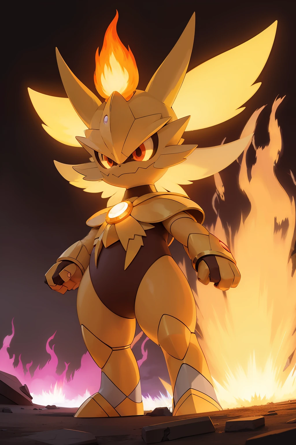 (Best quality, masterpiece1.2), starter fire, aura brillante, aura, Brilliant, epic, Bright, glow, awesome, pokemon, fakemon, feu, earth, thunder, small purple, fire, du feu, earthquake