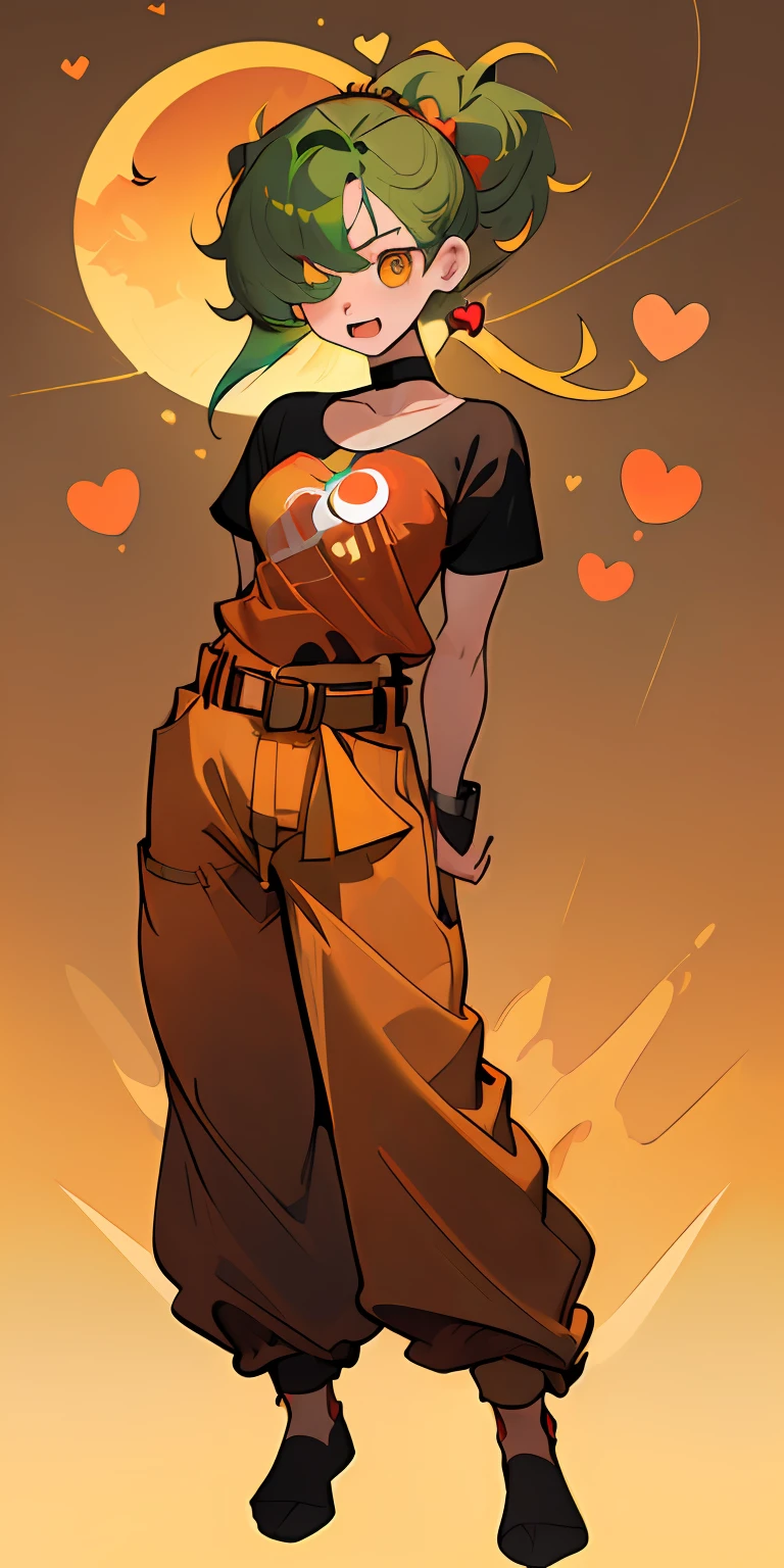 ((masterpiece, best quality)), (1girl), (solo), (fullbody), (female focus), (green hair, fluffy ponytail hair, bang covering one eye, bang over one eye), orange eyes, light smile, open mouth, ((yellow t-shirt), (red sun stamp on shirt), (black simple choker), ((old brown pants), (heart shapped golden belt)), standing, urban background, arms behind back, dynamic angle