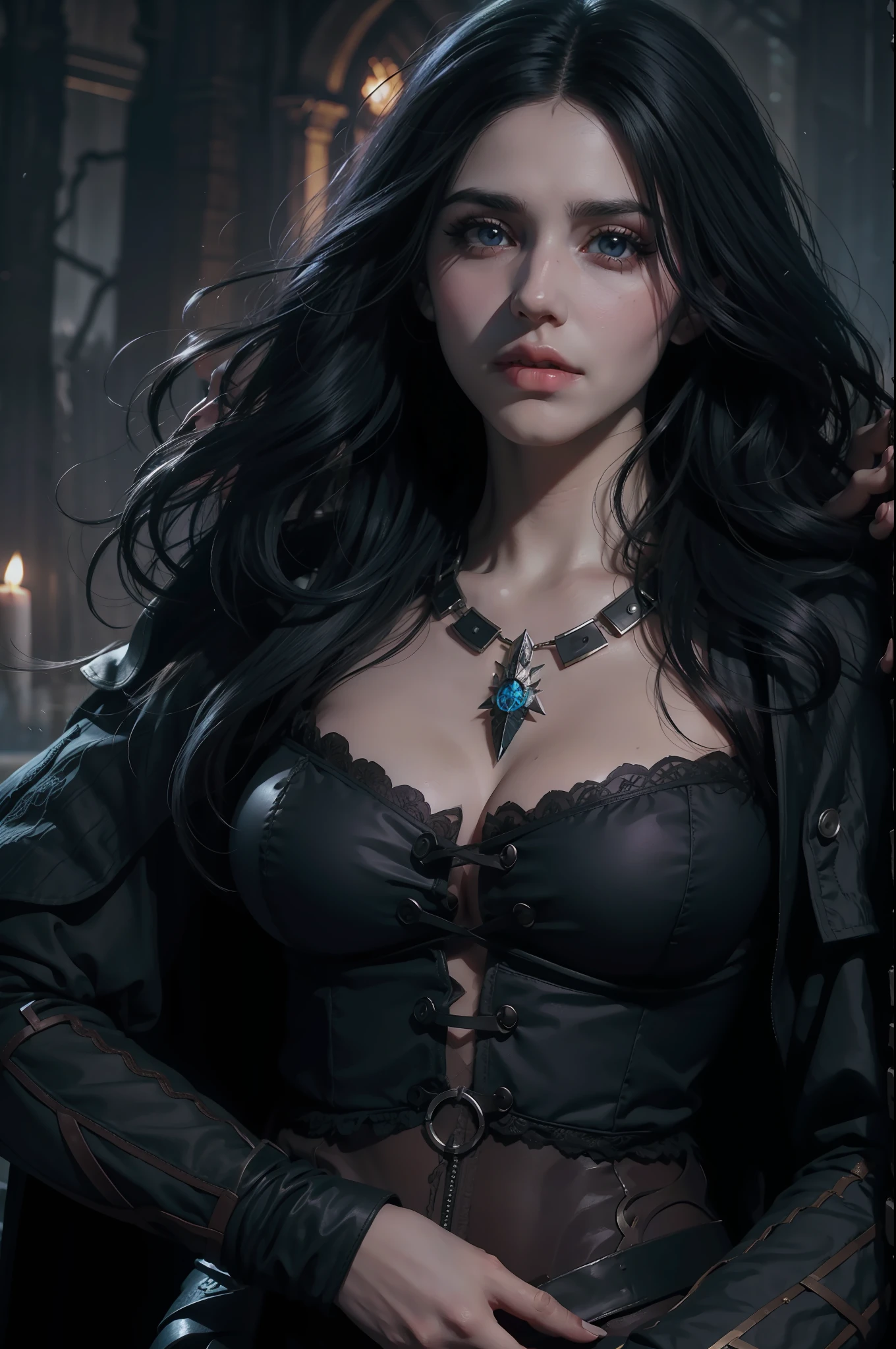 Mulher bonita que lembra Yennefer de The Witcher como uma necromante com longos cabelos pretos e olhos violetas brilhantes, obra prima, ultra qualidade, 8k, cabelos caindo sobre seus ombros