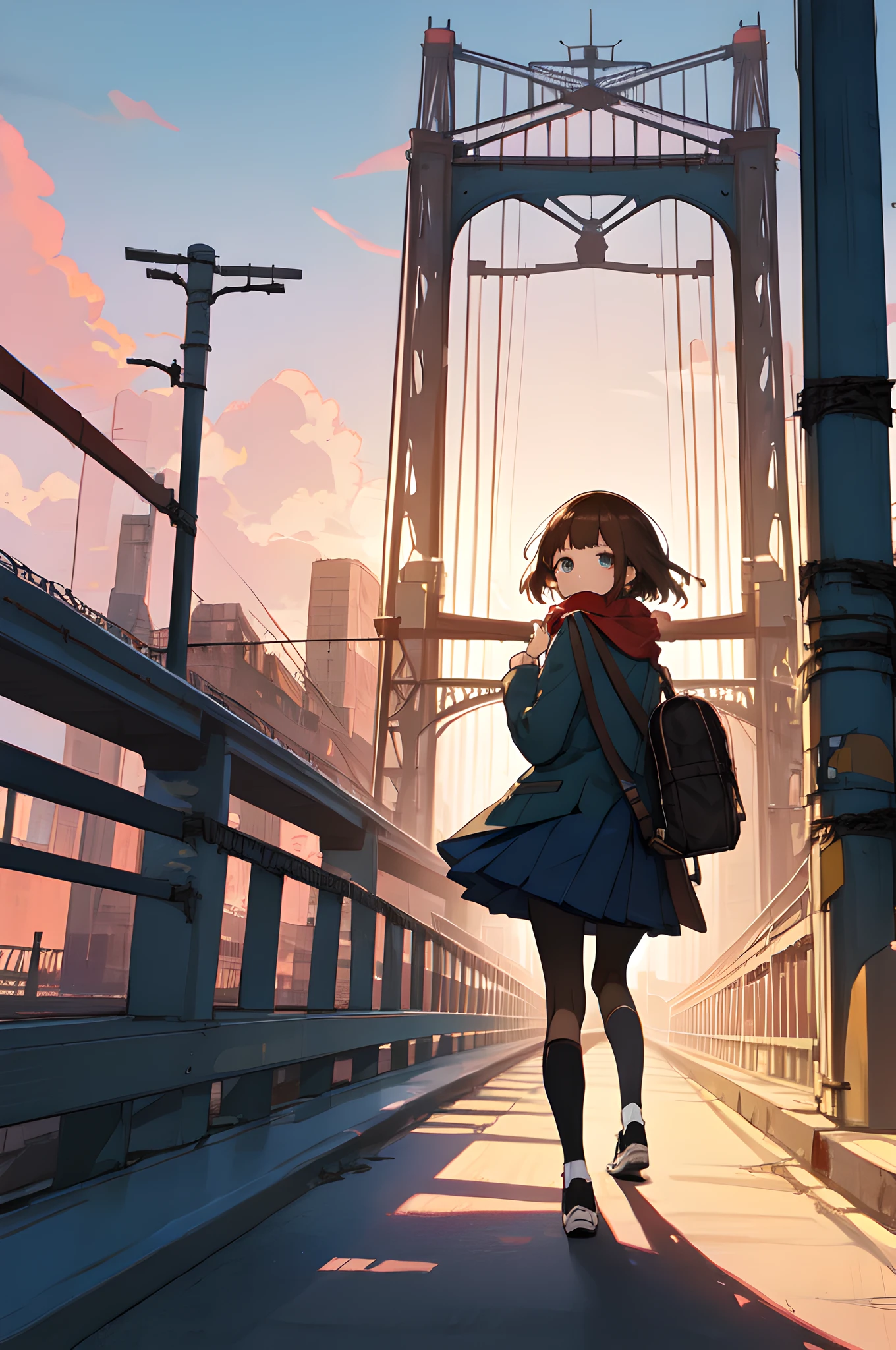 (finely best quality illustration:1.2), (kawaii girl:1.1), Craftsman made contour, coquettish skin, (soft smile:0.7), (bridge:1.4), (Rebar truss bridge:1.25), multiple girls, 2girls, scarf, outdoors, skirt, sky, backpack, white footwear, bag, shoes, socks, railing, pleated skirt, standing, blue sky, black hair, pantyhose, from behind, blue skirt, shadow, sneakers, long sleeves, facing away, power lines, day, red scarf, brown hair, cloud, utility pole, scenery, gradient sky, jacket, long hair, kneehighs, short hair, brown footwear, school uniform, walking, blue scarf, coat, building, hand up, bangs, sunset, backlighting, wide shot, horizon, looking at another, sunlight, fence, school bag, black footwear, bridge, evening, lamppost, pink scarf, road, full body