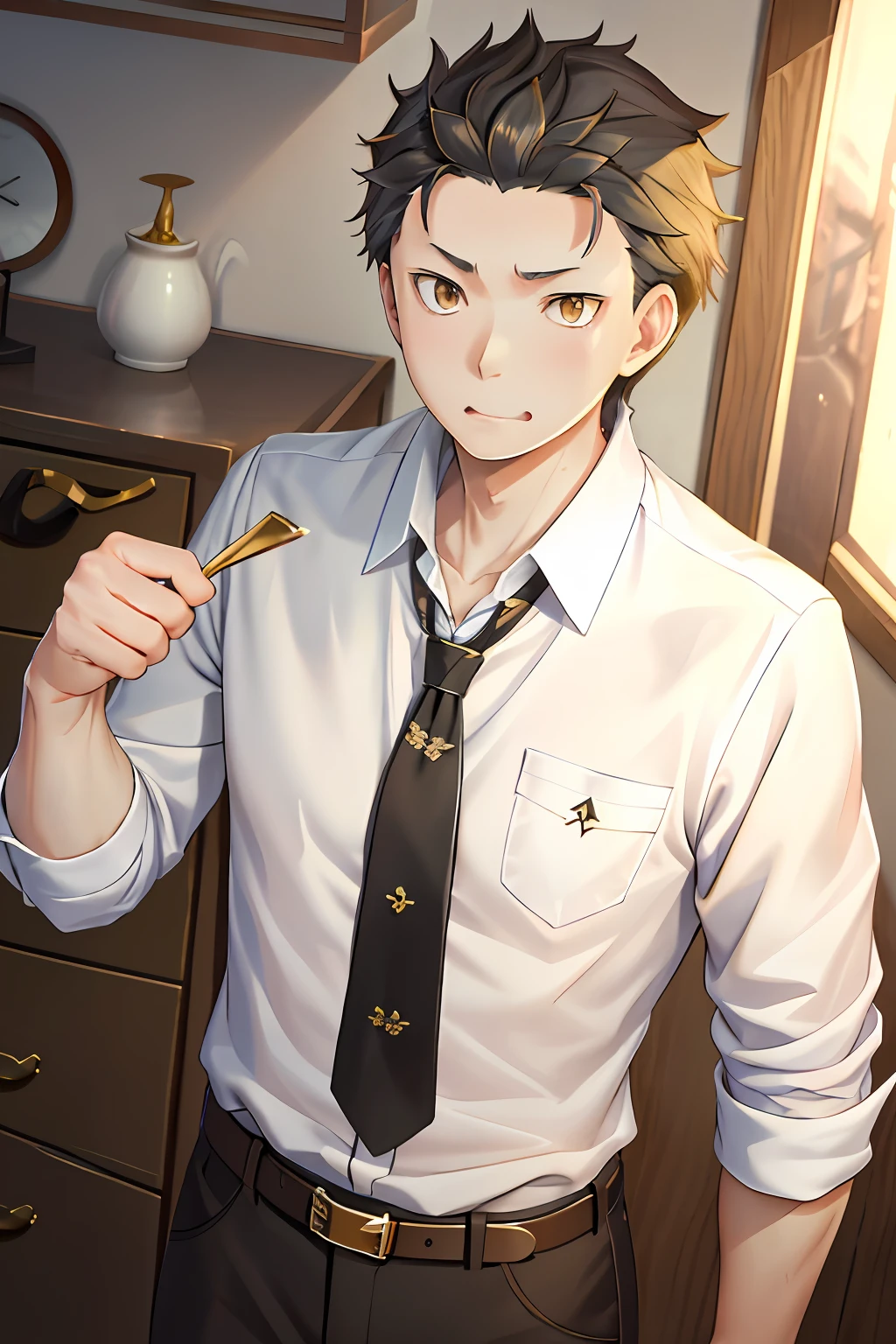 (1 Adult male),A high resolution, Sharp focus, Pixiv masterpiece, ((Complicated details)), highly detailed, natsuki_subaru, 1 man, with her mouth open,drools,full bodyesbian, Golden eyes(eyes glowing), with short golden hair,white shirt,Wear a tie,Wear a belt,perspire,look from down