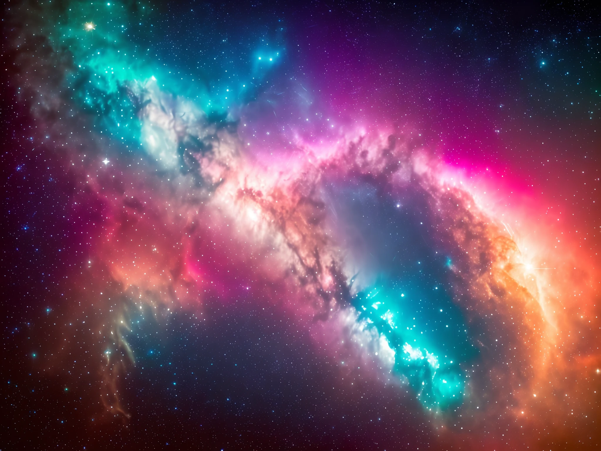 swpunk, synthwave, splatters de tinta, (papel de parede 8k extremamente detalhado), an intergalactic nebula on a colorful background of stars, ray tracing, Intricate, High Detail, dramatic, obra-prima de melhor qualidade, fotorrealista, detalhado, 8k, HDR, retroiluminação, bloom, brilhos de luz, chromatic aberration, foco nítido, bordas escuras para colocar texto