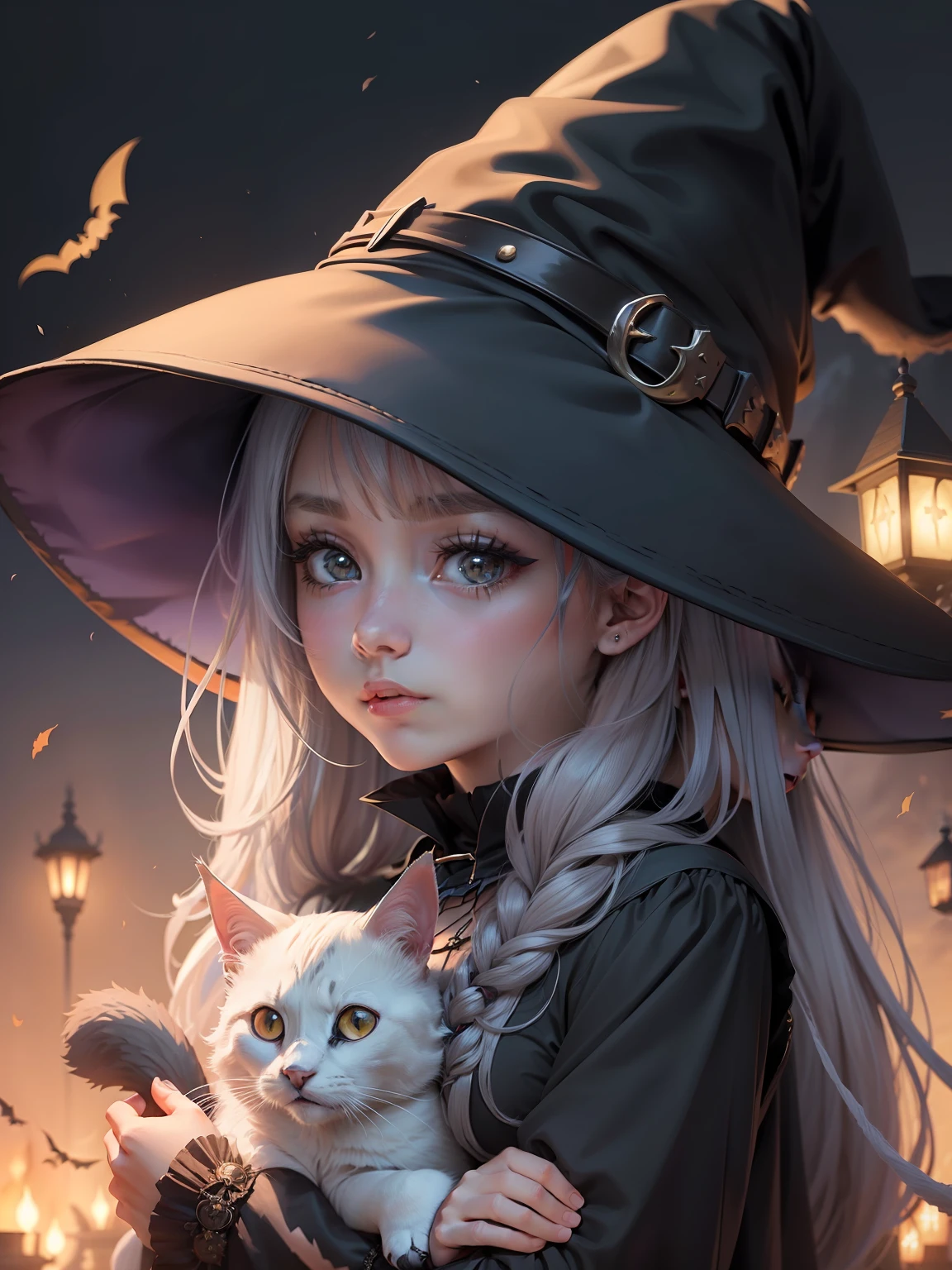 ("Cute girl wearing a witch hat and her cat", Estilo anime:1.2), estilo livro para colorir, (for kids:0.6), fundo branco halloween