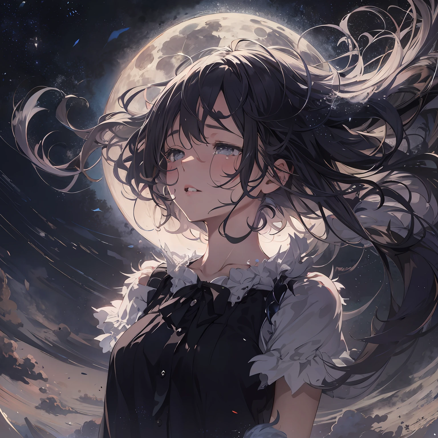 Outrageous resolution、hight resolution、(masterpiece:1.4)、ultra-detailliert、1girl in、is crying、Crying、Tears run down my cheeks、farewell、Lonely face、Face up、Very big moon in the background、Floating hair、spaces、Black Dress、floating、 --v 6