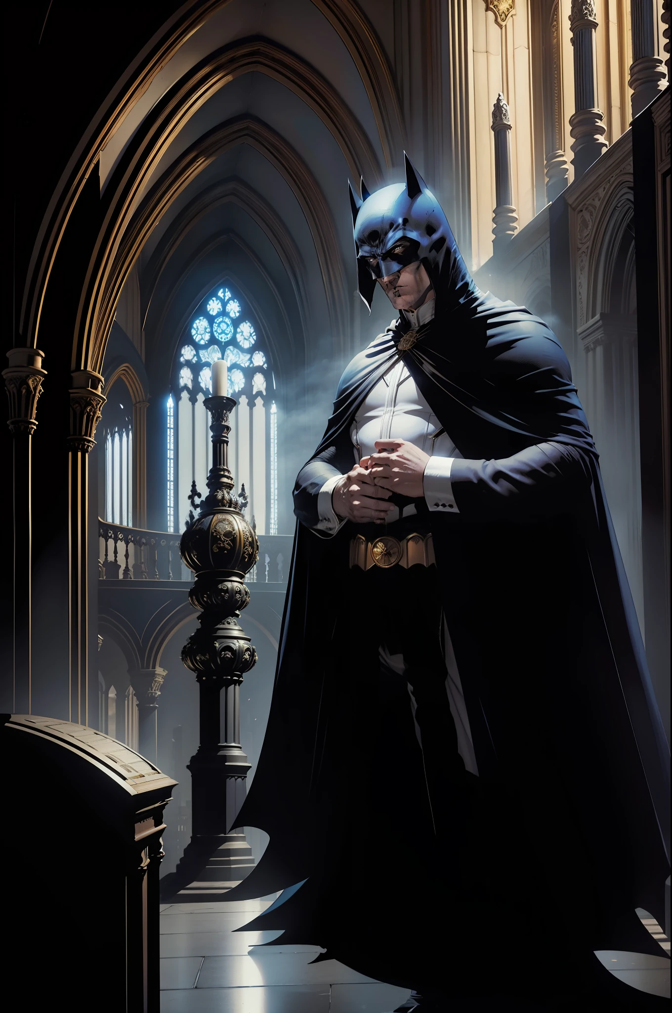 Pipe organ of the Cathedral of Porto inside the Gotham City Theatre, A man in a white mask who covers half of his face with gala clothing and black cape is playing the pipe organ, Estilo DC Comics, Jim Lee.