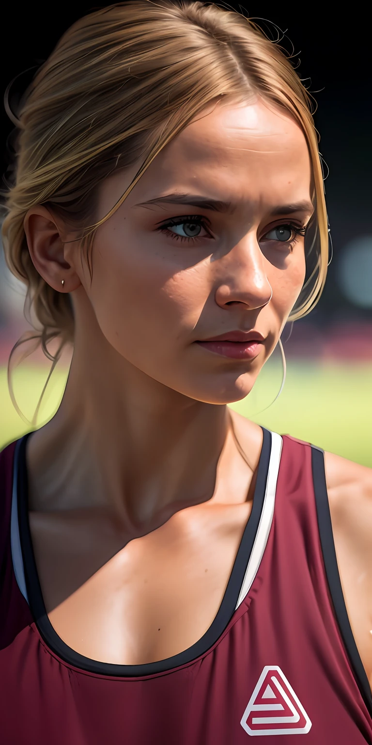 beautiful mature Swedish college girl, in track outfit, outside on track field, ((slim, petite)), photorealistic, photo, masterpiece, realistic, realism, photorealism, high contrast, photorealistic digital art trending on Artstation 8k HD high definition detailed realistic, detailed, skin texture, hyper detailed, realistic skin texture, armature, best quality, ultra high res, (photorealistic:1.4),, high resolution, detailed, raw photo, sharp re, by lee jeffries nikon d850 film stock photograph 4 kodak portra 400 camera f1.6 lens rich colors hyper realistic lifelike texture dramatic lighting unrealengine trending on artstation cinestill 800,