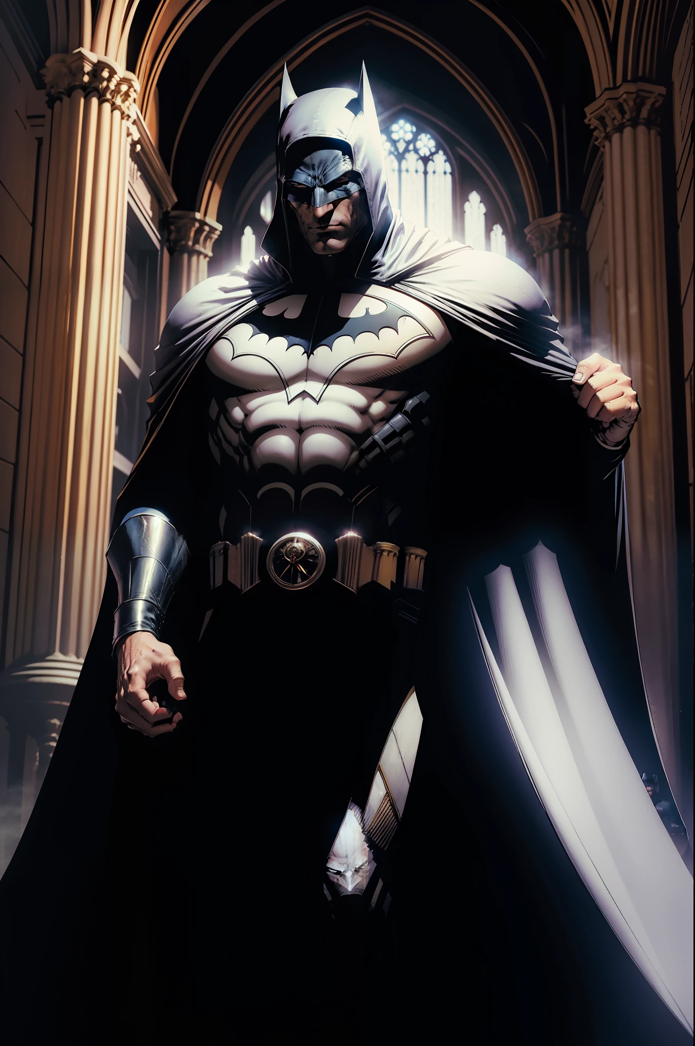Pipe organ of the Cathedral of Porto inside the Gotham City Theatre, A man in a white mask who covers half of his face with gala clothing and black cape is playing the pipe organ, Estilo DC Comics, Jim Lee.