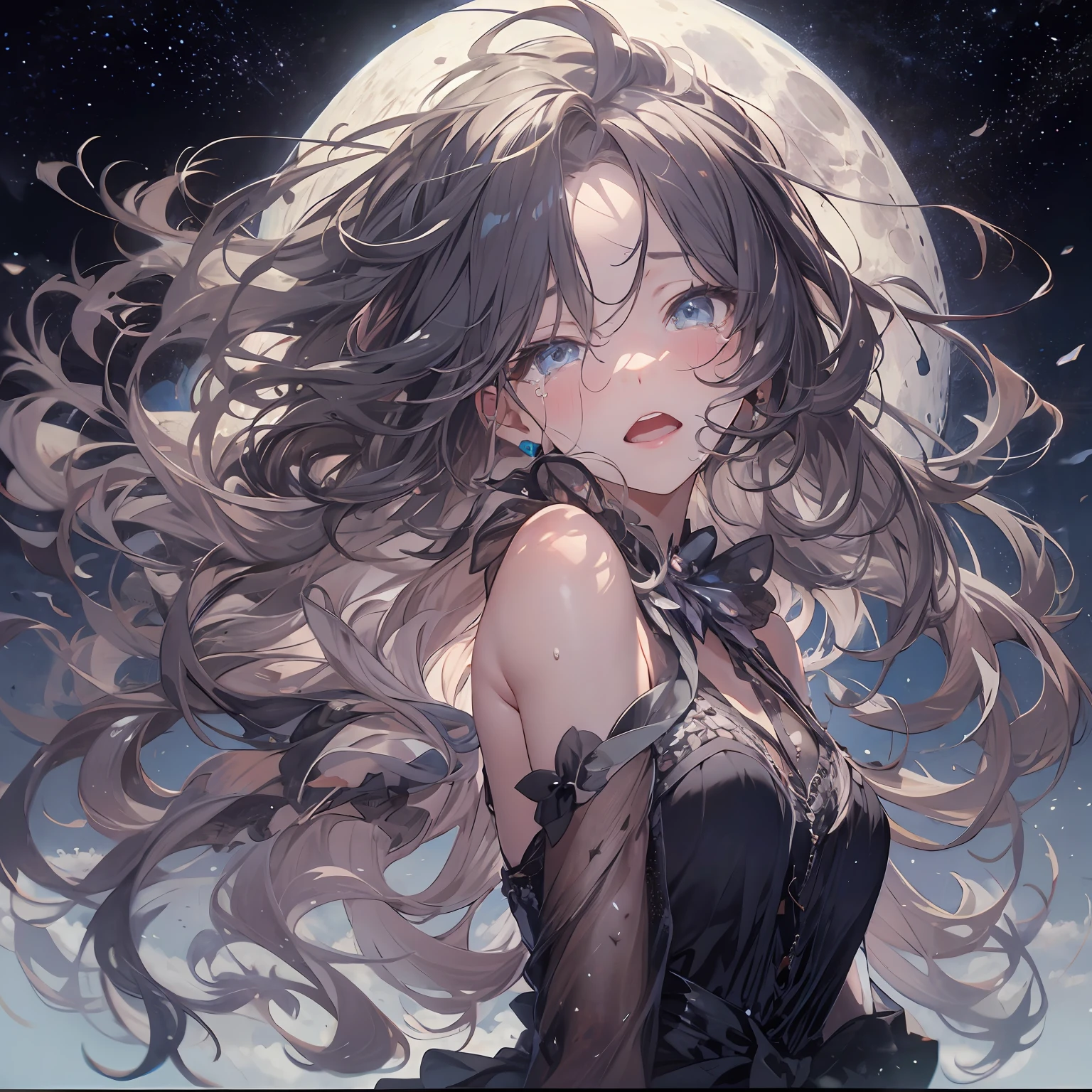 Outrageous resolution、hight resolution、(masterpiece:1.4)、ultra-detailliert、1girl in、is crying、Crying、Tears run down my cheeks、farewell、Lonely face、Face up、Big moon in the background、Floating hair、spaces、Black Dress、floating、 --v 6