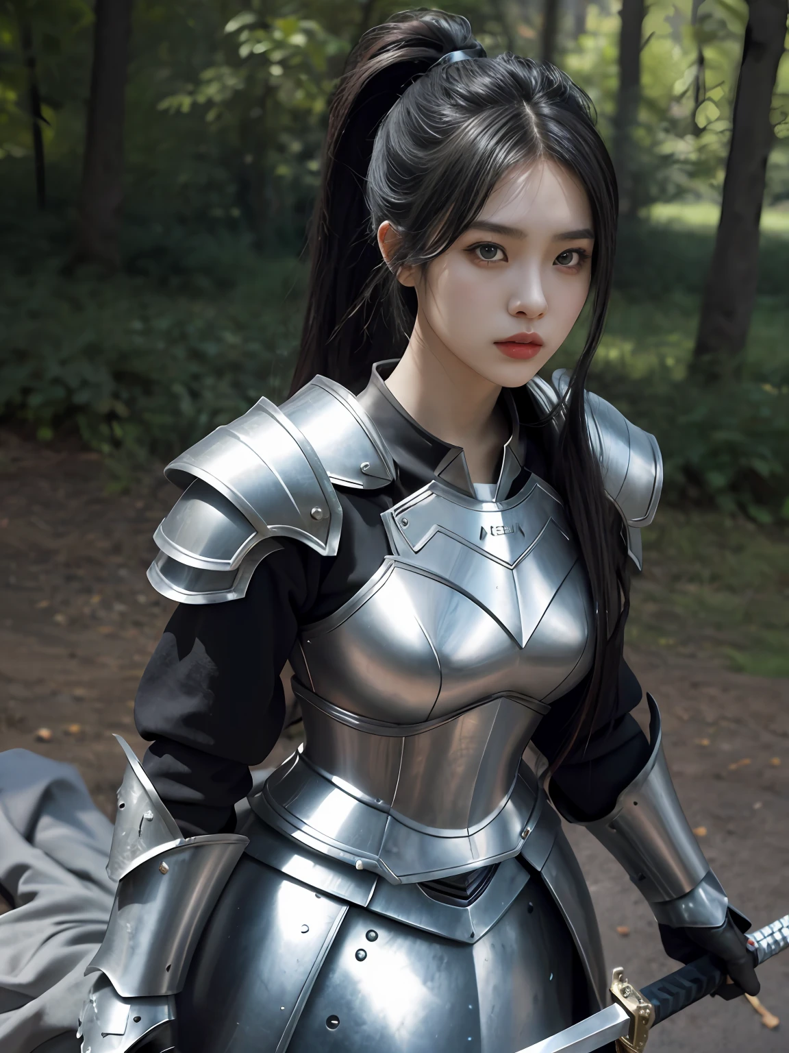 Masterpiece, Best Quality, (Realism: 1.9), Beautiful Lighting, (Very Detailed CG Unified 4K FHD Wallpaper), Realistic, High Detail, Sharp Focus, Dramatic Outdoor, (((1girl, Solo))), 20 years old, Long hair, (Brunetette), Ponytail hair, (Metal armored skirt: 1.3), Metal shoulder armor, (Metal Bra 1.3), hiqcgbody, Power Armor, pureerosface_v1, ULZZANG-6500, (Great Sword 1.3), black hair, surrealism, 8k, super detail