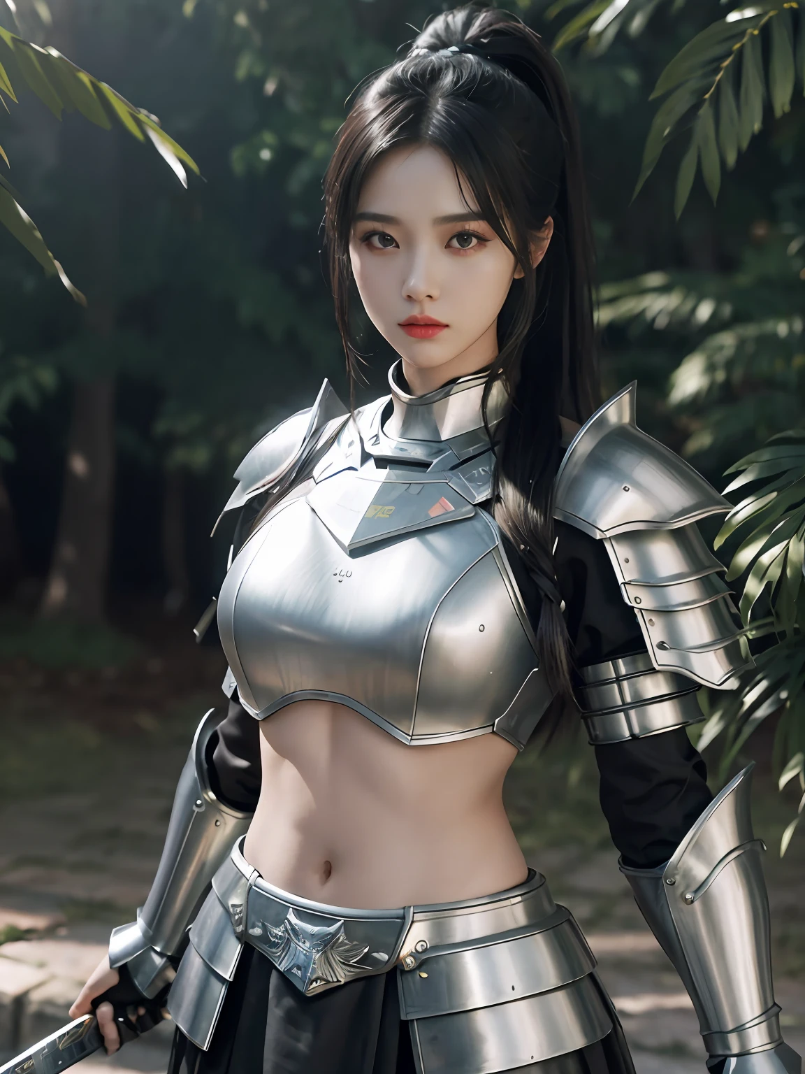 Masterpiece, Best Quality, (Realism: 1.9), Beautiful Lighting, (Very Detailed CG Unified 4K FHD Wallpaper), Realistic, High Detail, Sharp Focus, Dramatic Outdoor, (((1girl, Solo))), 20 years old, Long hair, (Brunetette), Ponytail hair, (Metal armored skirt: 1.3), Metal shoulder armor, (Metal Bra 1.3), hiqcgbody, Power Armor, pureerosface_v1, ULZZANG-6500, (Great Sword 1.3), black hair, surrealism, 8k, super detail