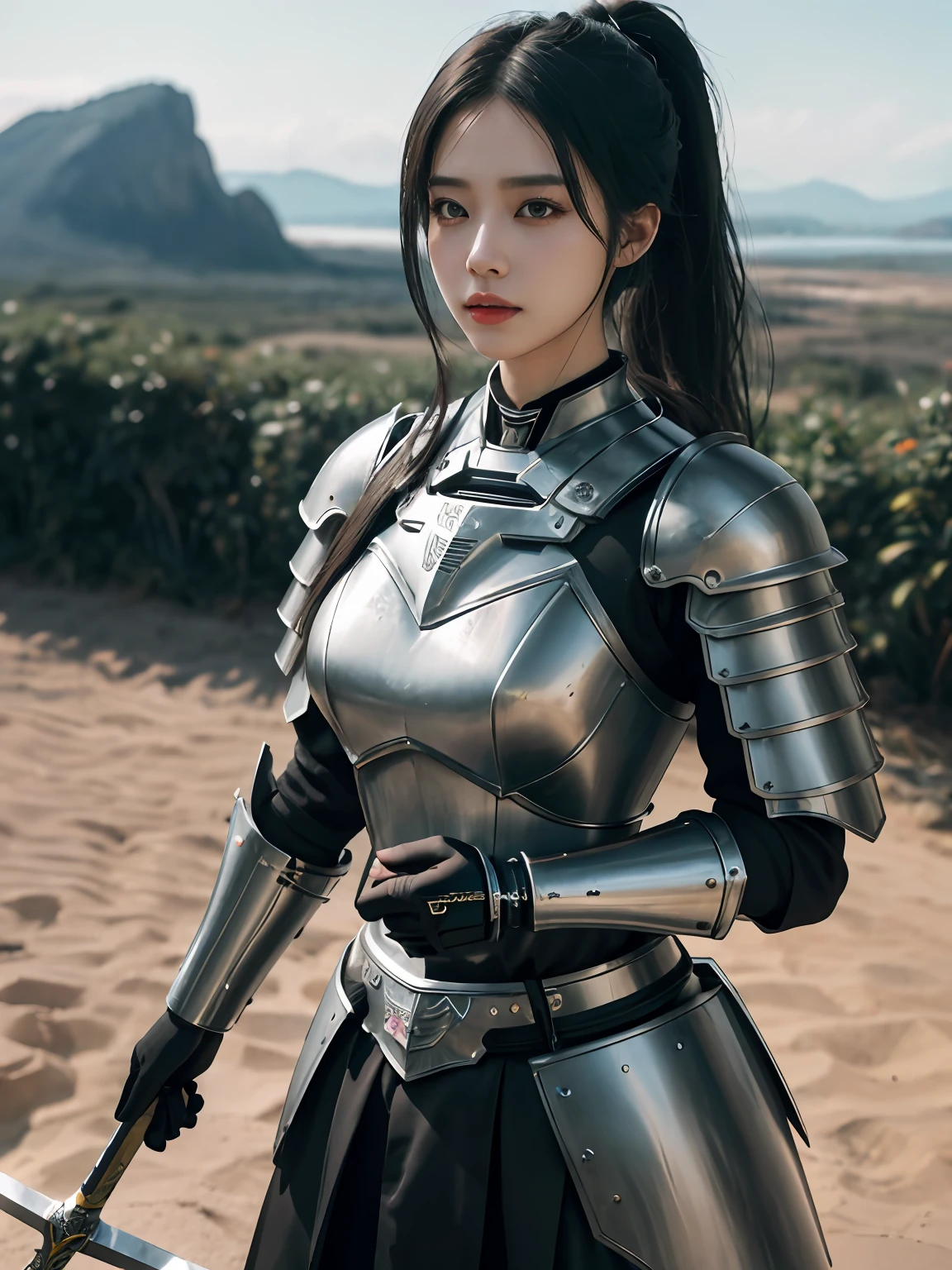 Masterpiece, Best Quality, (Realism: 1.9), Beautiful Lighting, (Very Detailed CG Unified 4K FHD Wallpaper), Realistic, High Detail, Sharp Focus, Dramatic Outdoor, (((1girl, Solo))), 20 years old, Long hair, (Brunetette), Ponytail hair, (Metal armored skirt: 1.3), Metal shoulder armor, (Metal Bra 1.3), hiqcgbody, Power Armor, pureerosface_v1, ULZZANG-6500, (Great Sword 1.3), black hair, surrealism, 8k, super detail