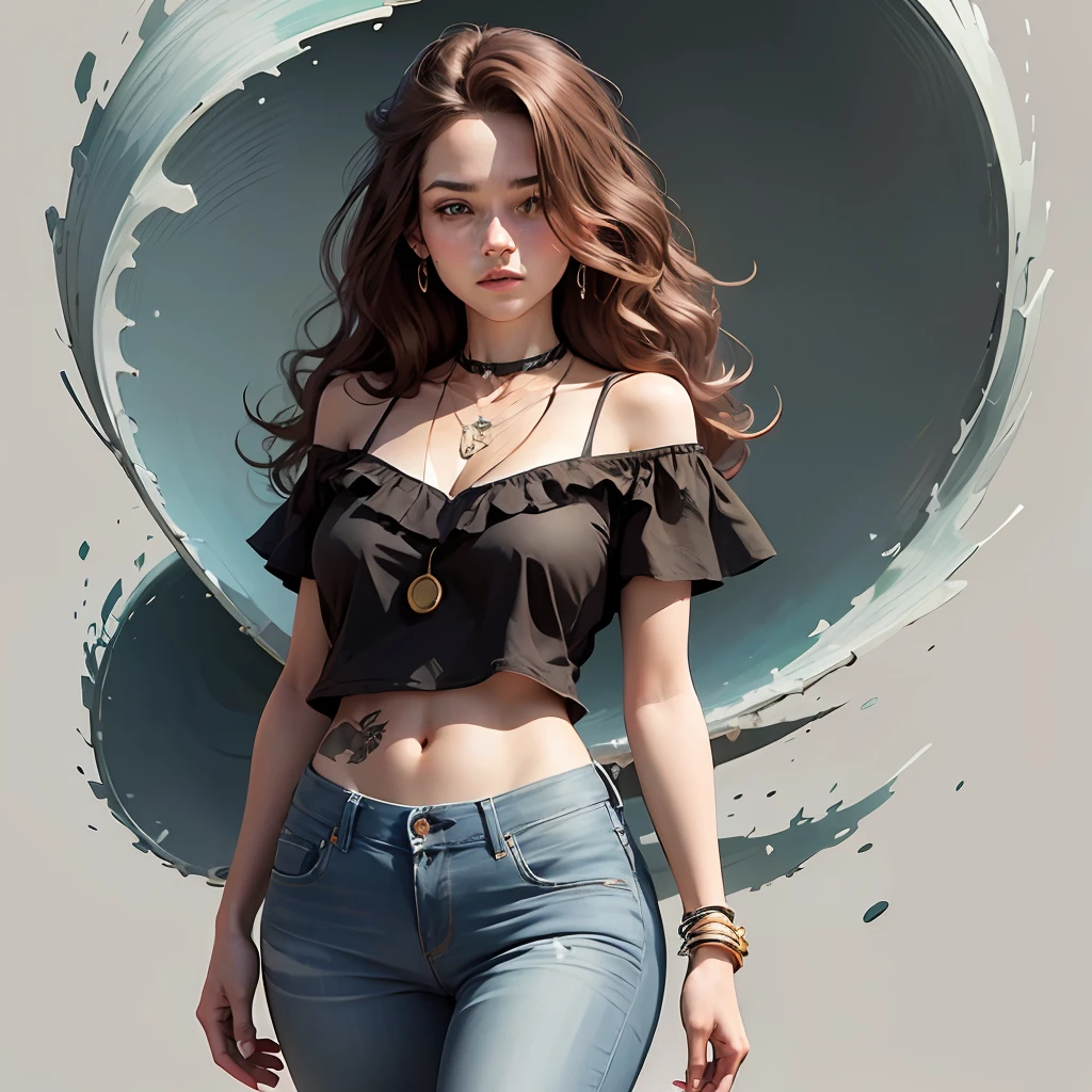 woman, wavy brown hair, wearing jeans, blue ruffled top, necklace around neck, full body, white background --auto --s2