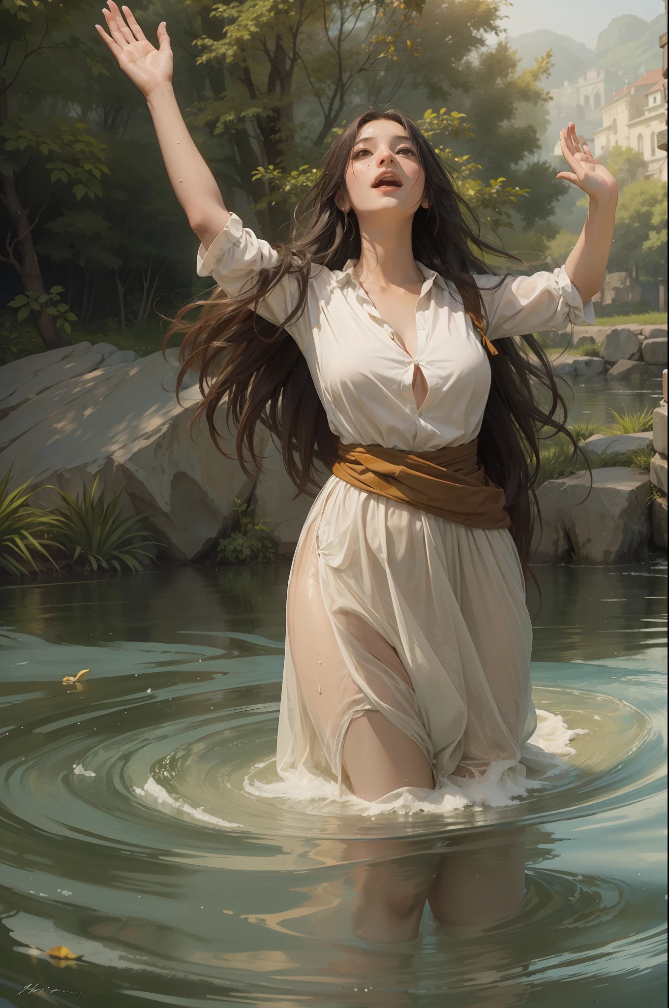 A very beautiful young woman stands in the water of a river and shouts with joy with her hands raised............. (Good Composition) (obra de arte) (Arte expresivo). (((Pechos masivos gigantes))) (((cabello rubio)))