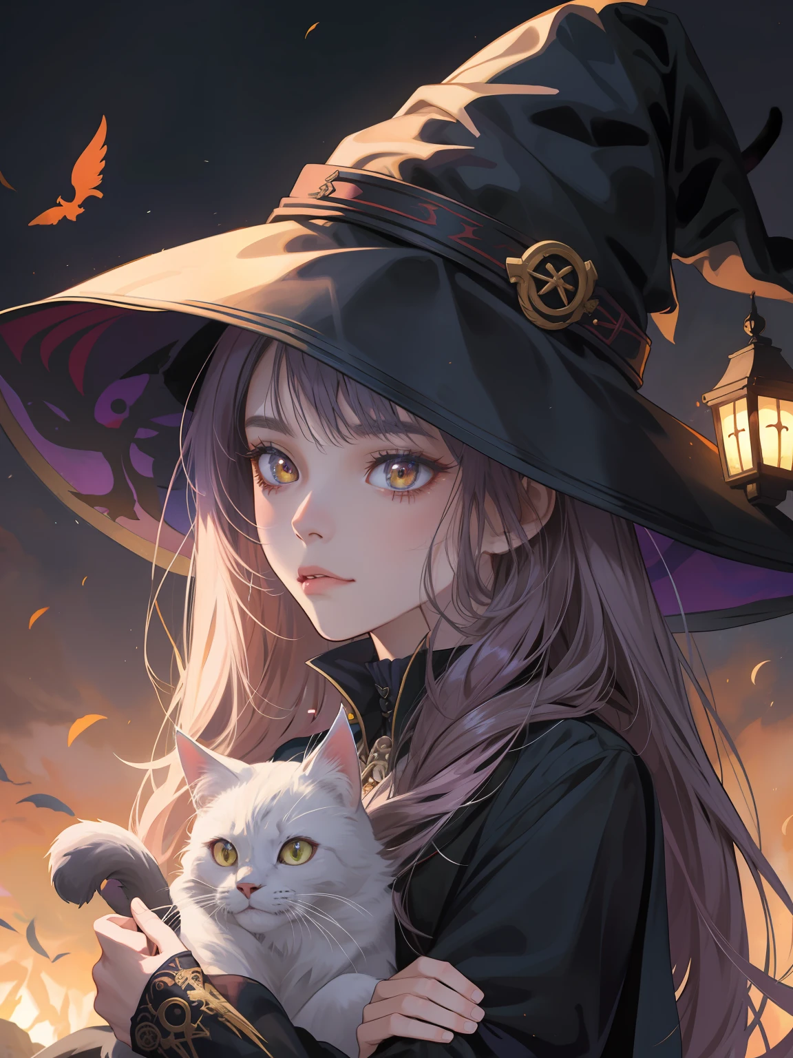 Witch with a cat in her arms, Retrato de uma jovem bruxa, estilo de arte de fantasia, menina bruxa, Retrato de uma jovem bruxa, Arte no estilo de Guweiz, Conto de fadas de bruxa, classical witch, wlop e ross tran, Wlop e Sakimichan, bruxa, bruxa do gato, anime fantasy illustration, loish e wlop