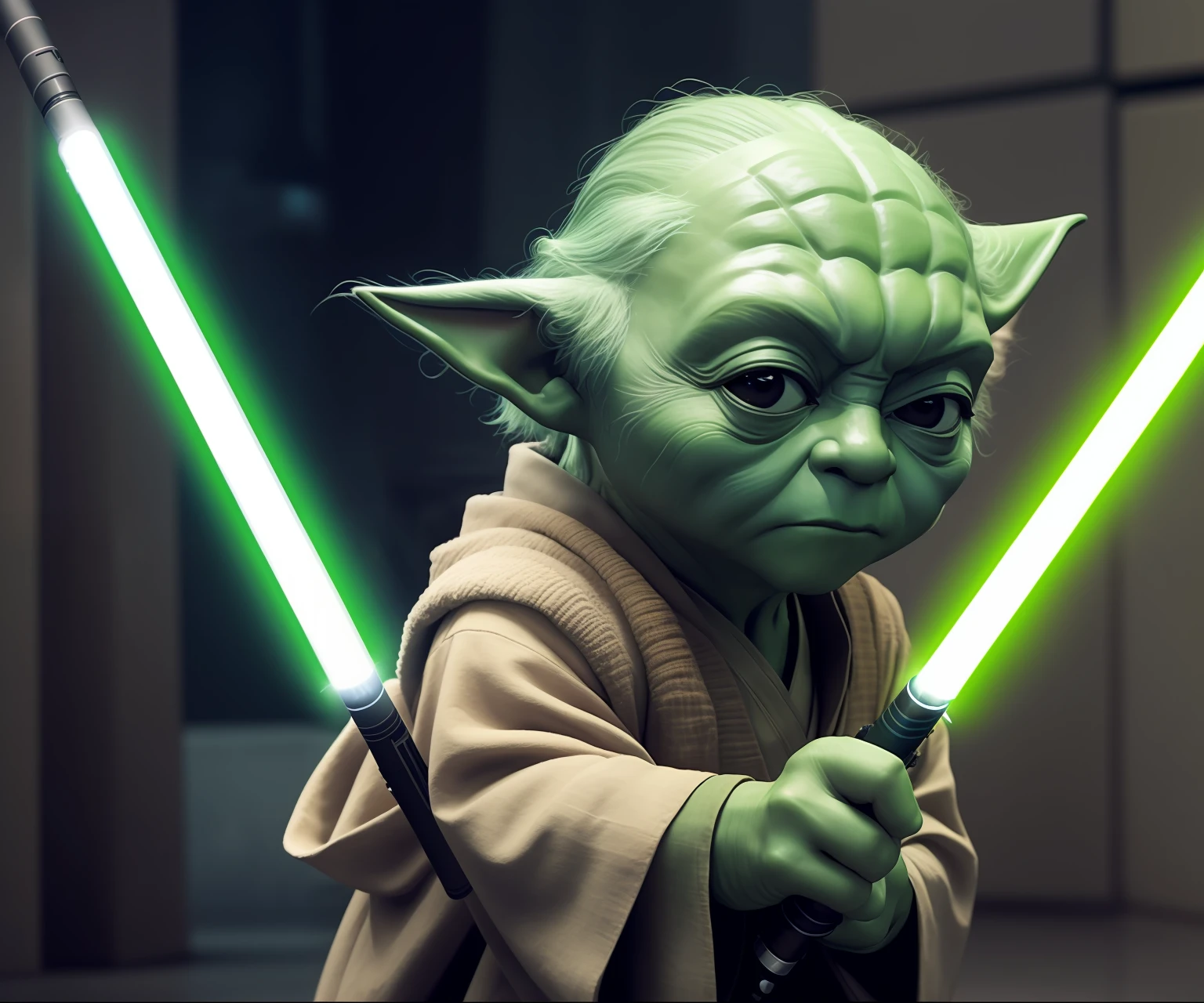 4k, (holding lightsaber:1.1), a low Master Yoda, sideways glance to the side, indoors