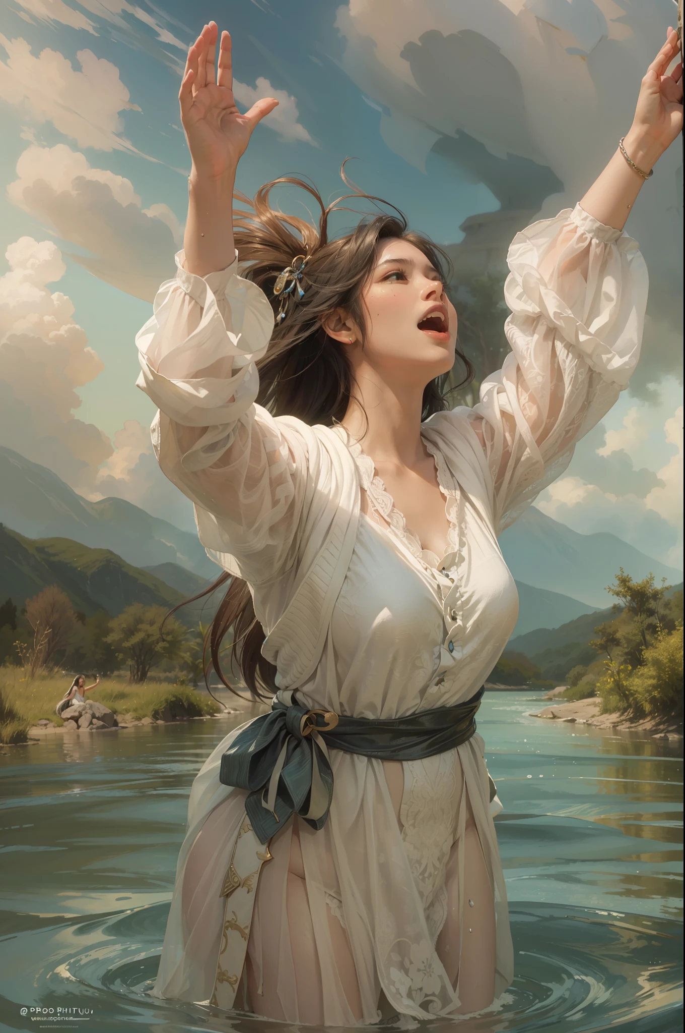 A very beautiful young woman stands in the water of a river and shouts with joy with her hands raised............. (Good Composition) (obra de arte) (Arte expresivo). (((Pechos masivos gigantes))) (((cabello rubio)))