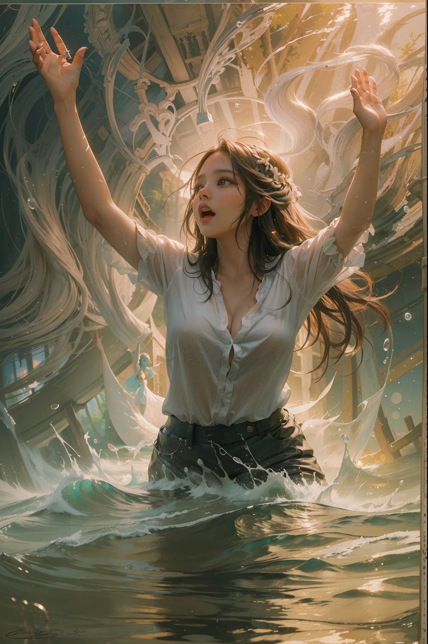 A very beautiful young woman stands in the water of a river and shouts with joy with her hands raised............. (Good Composition) (obra de arte) (Arte expresivo). (((Pechos masivos gigantes))) (((cabello rubio)))