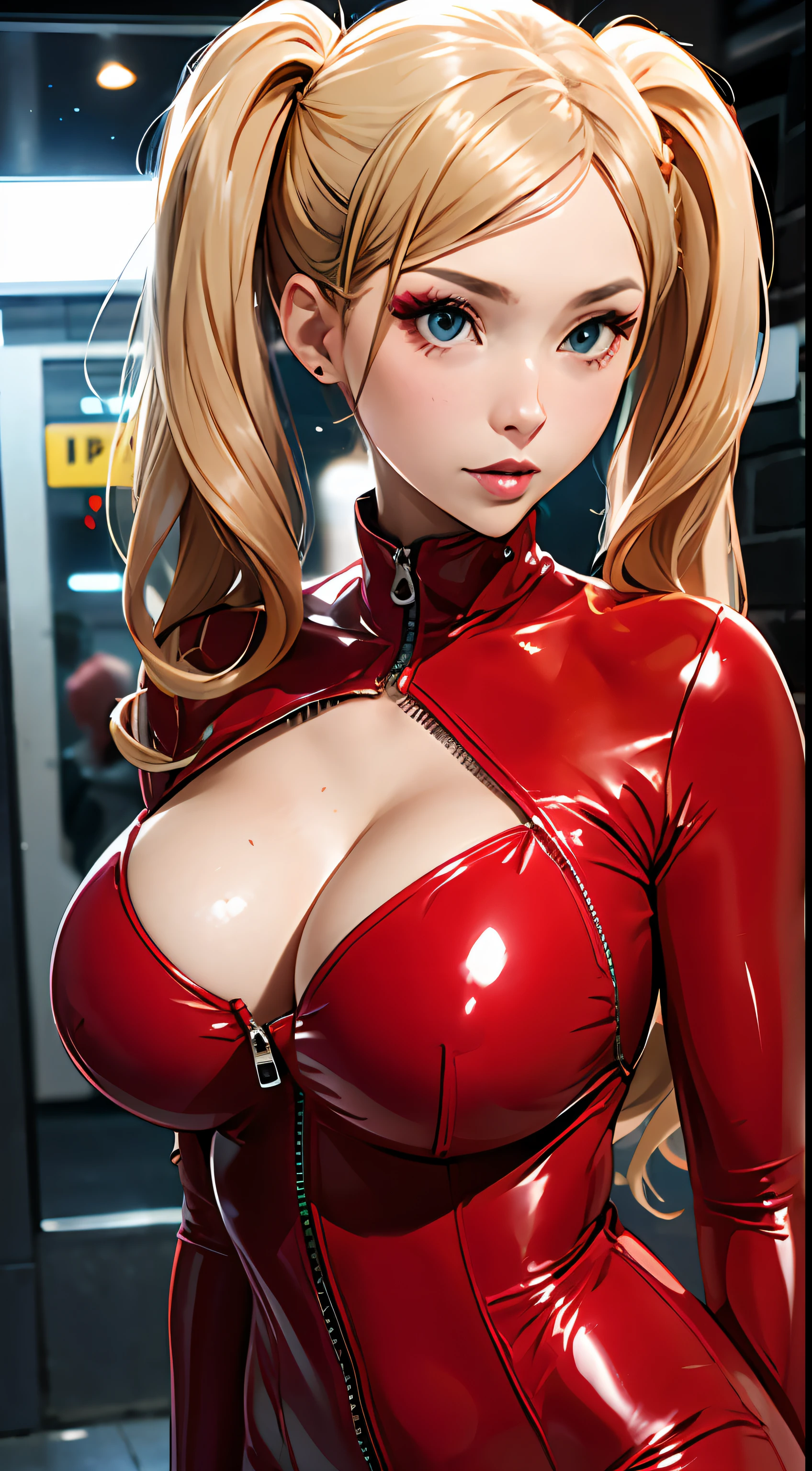 fisheye perspective, upper body photo of a blonde tall beautiful girl, double long ponytails in hair , long blonde hair, smooth one-piece zipper full body red latex body suit, latex sleeves, red latex gloves, huge eyes, cleavage open, zipper open, dark urban subway in the background, perfect body, collar bone, skinny, toned figure, smooth matte skin, round boobs, red latex jumpsuit, blonde pigtails long hair, full lips, red outfit, shiny full lips, shiny nose, makeup
