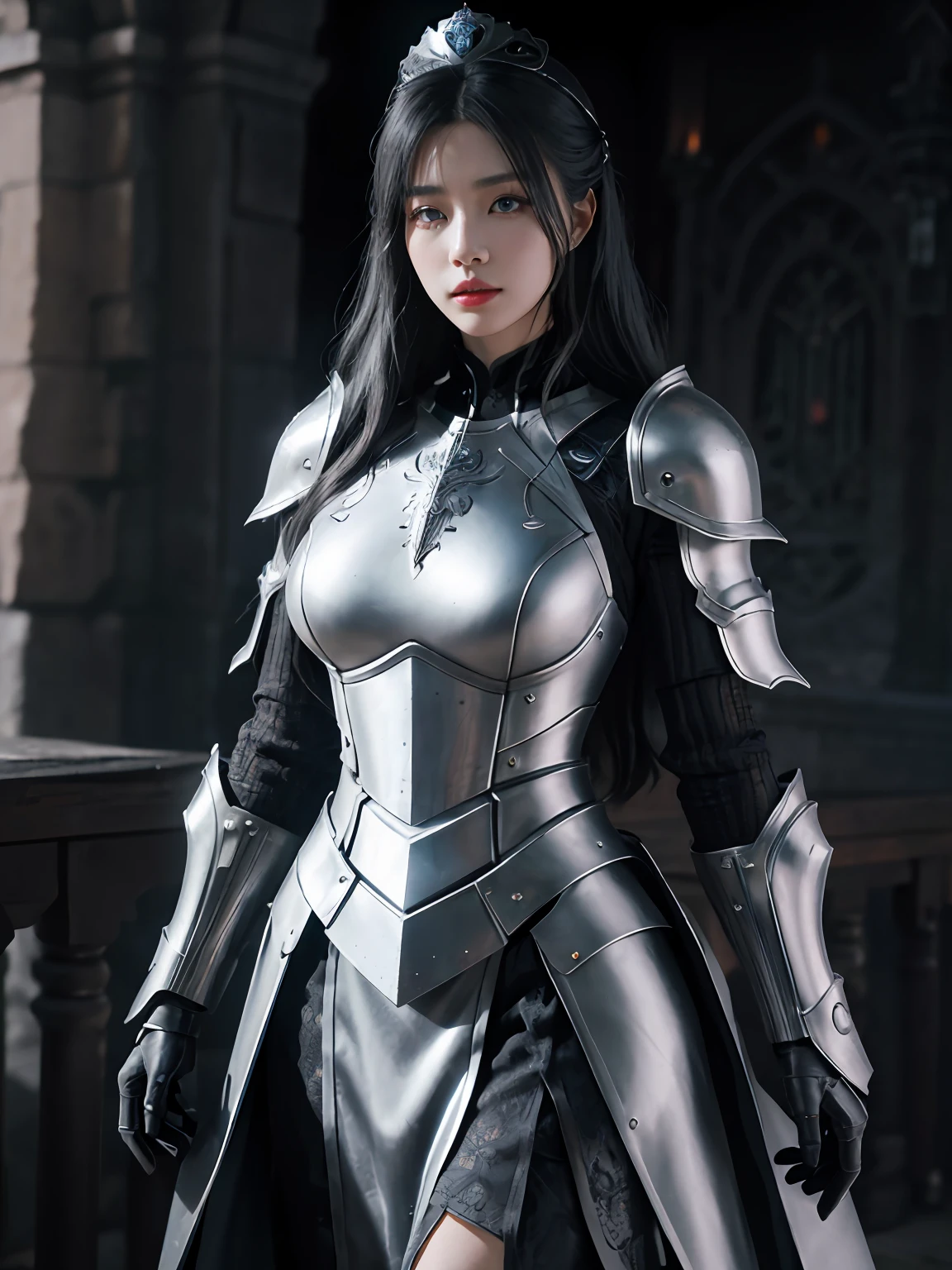 Masterpiece, Best quality, high resolution, 8K, Portrait, Realistic photo,( Combine clothing with Korean fashion design),Digital photography, full bodyesbian, 1 16-year-old girl, (Cyborg), Beautiful blue-gray gradient long hair, Blue eyes, Intricate, elegant, Highly detailed, The crown of evil, Black dress, ,Silver metal exoskeleton armor, Intricate knightly hollow armor,power armour, Openwork design, mechanical structure, Photo pose, Solemn,, Red lips, From the movie《Final Fantasy XV》.Metallic texture, oc rendered,Reflective texture, ((Clothing cutting)), ((Set against the backdrop of the castle and the huge Moster))