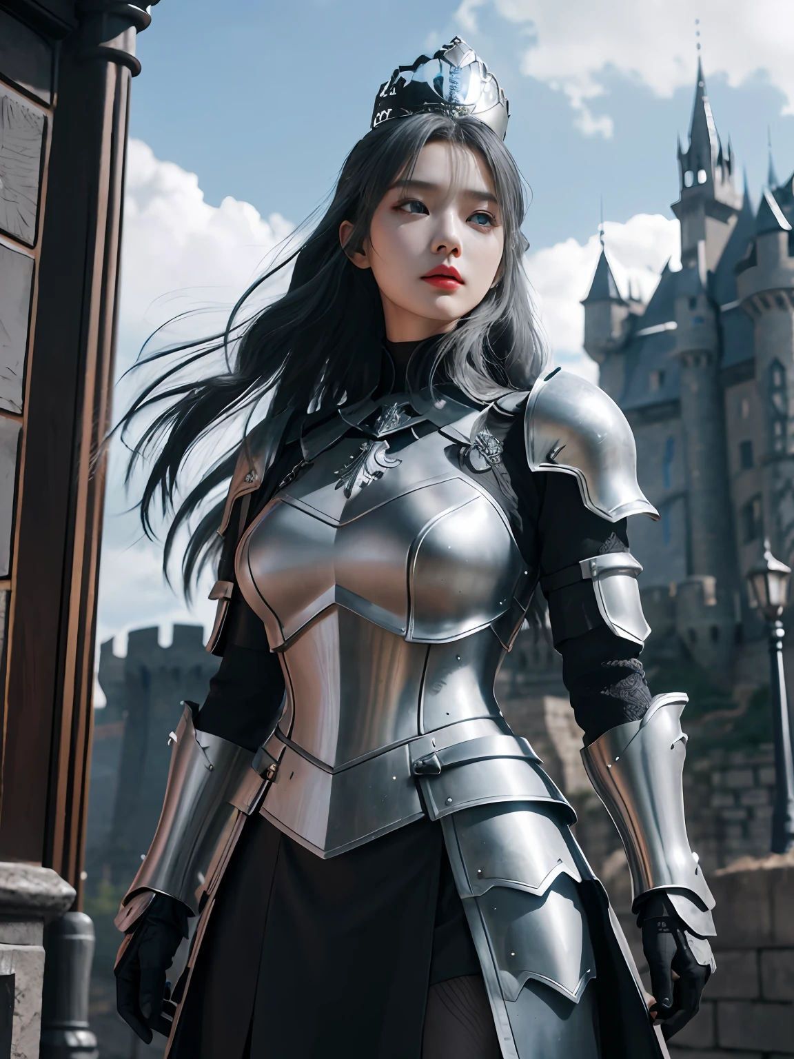 Masterpiece, Best quality, high resolution, 8K, Portrait, Realistic photo,( Combine clothing with Korean fashion design),Digital photography, full bodyesbian, 1 16-year-old girl, (Cyborg), Beautiful blue-gray gradient long hair, Blue eyes, Intricate, elegant, Highly detailed, The crown of evil, Black dress, ,Silver metal exoskeleton armor, Intricate knightly hollow armor,power armour, Openwork design, mechanical structure, Photo pose, Solemn,, Red lips, From the movie《Final Fantasy XV》.Metallic texture, oc rendered,Reflective texture, ((Clothing cutting)), ((Set against the backdrop of the castle and the huge Moster))