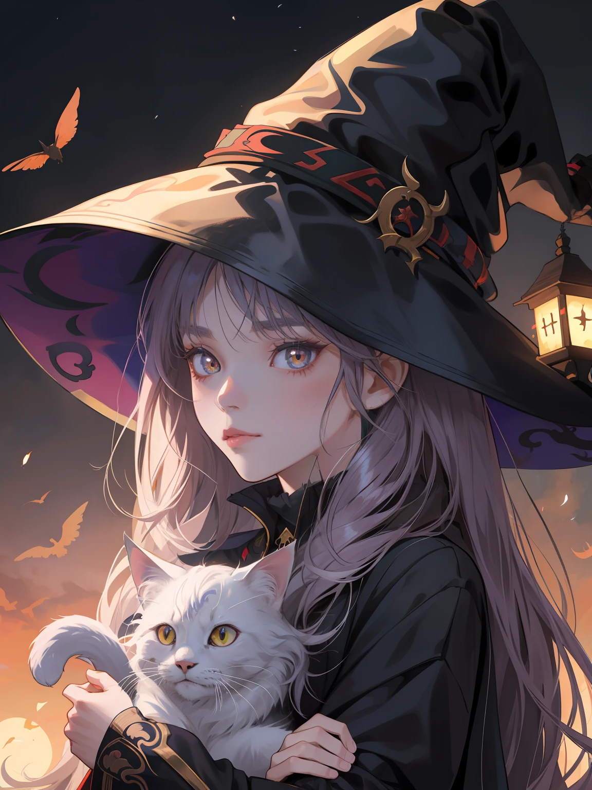 Witch with a cat in her arms, Retrato de uma jovem bruxa, estilo de arte de fantasia, menina bruxa, Retrato de uma jovem bruxa, Arte no estilo de Guweiz, Conto de fadas de bruxa, classical witch, wlop e ross tran, Wlop e Sakimichan, bruxa, bruxa do gato, anime fantasy illustration, loish e wlop