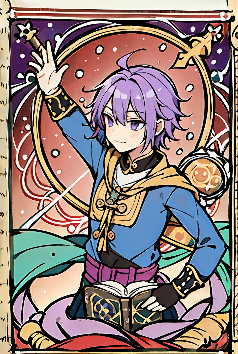 charming guy, by bestiary_style, masterpiece, best quality, solo, colorful, purple hair, magic notes floating, rogue, bard, high quality hands