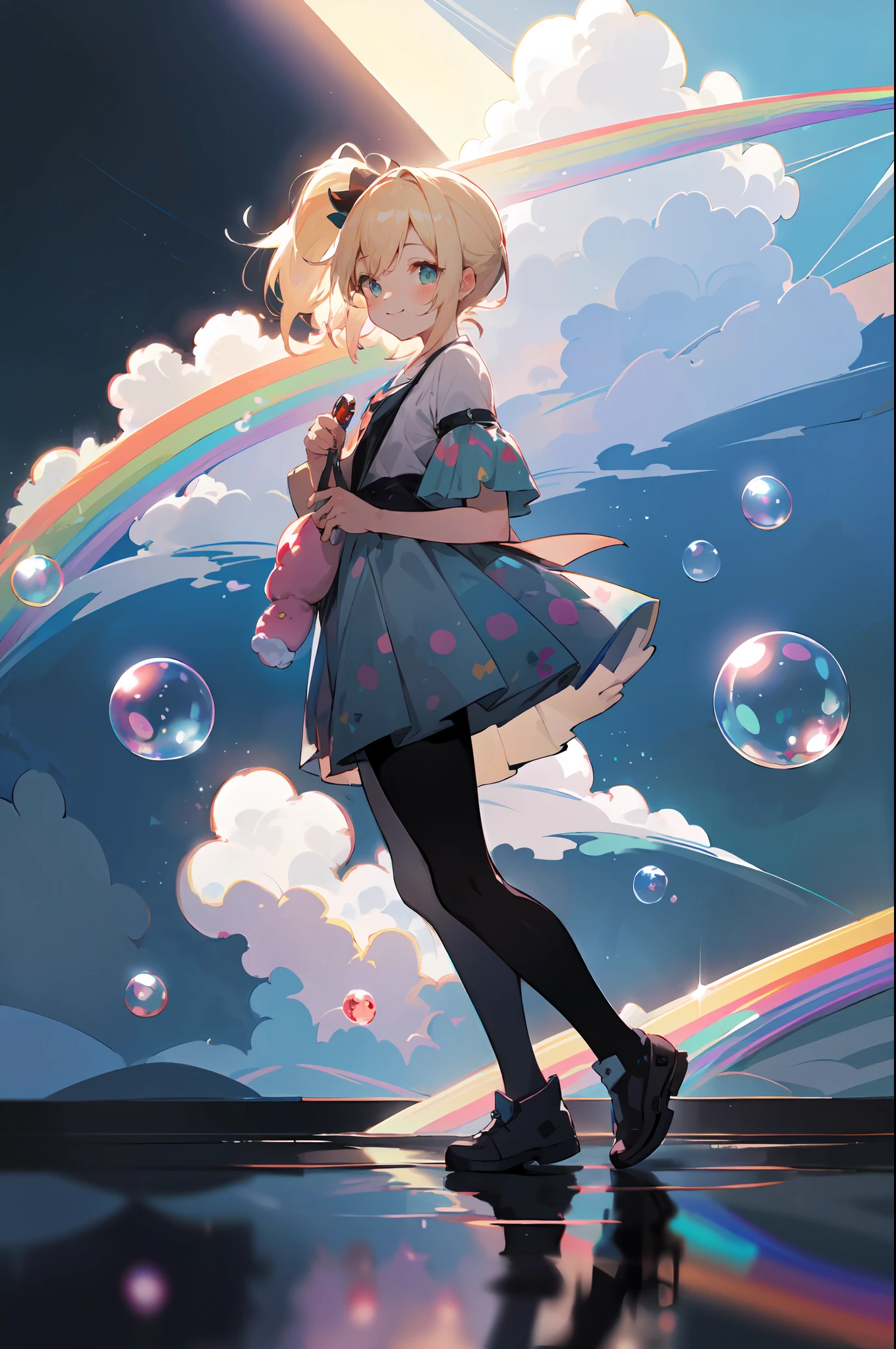 (kawaii background:1.3), (extremely detailed fine touch:1.3), (hard light, studio light, light rays, dappled light, reflection, shadows, ray tracing:1.0), girl, short hair, light blonde side pony tail, smile, sky, cloud, rainbow, soap bubble, (full body:1.3)