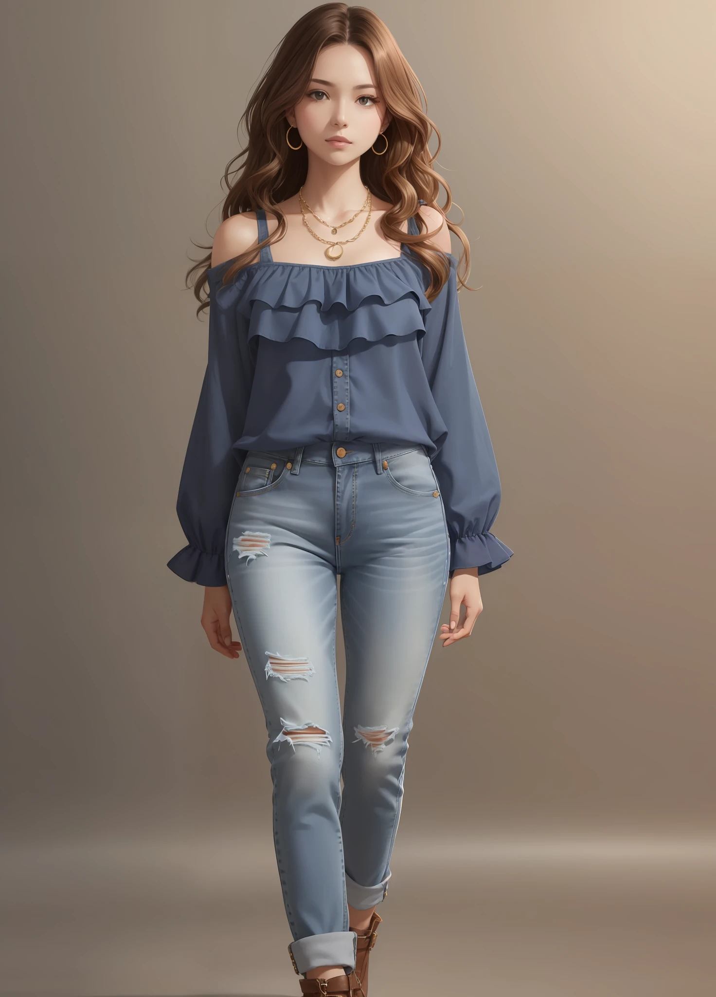woman, wavy brown hair, wearing jeans, blue ruffled top, necklace around neck, full body, white background --auto --s2